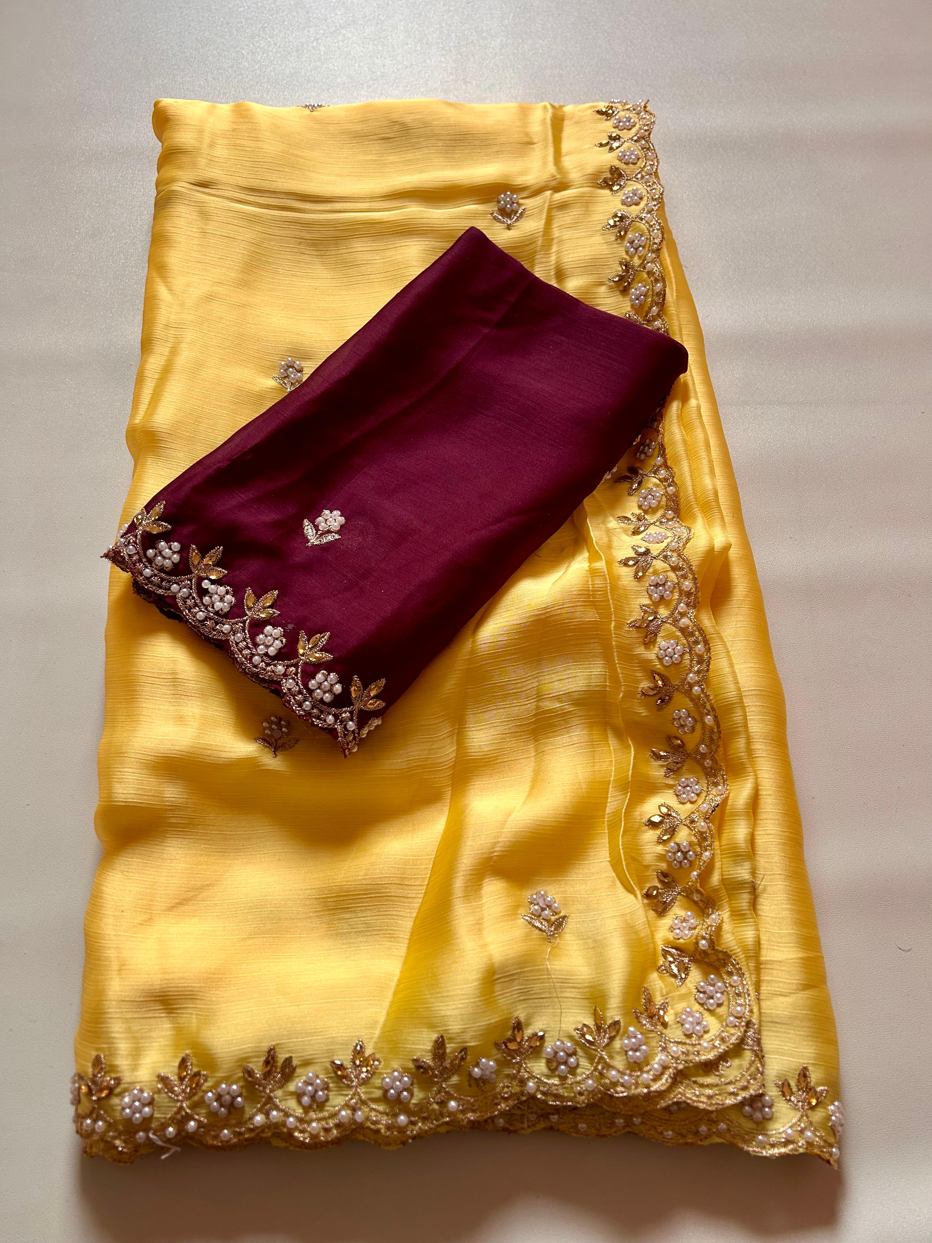 New Partywear Satin Chiffon Embroidery n Diamond Work Fancy Designer Saree With Blouse