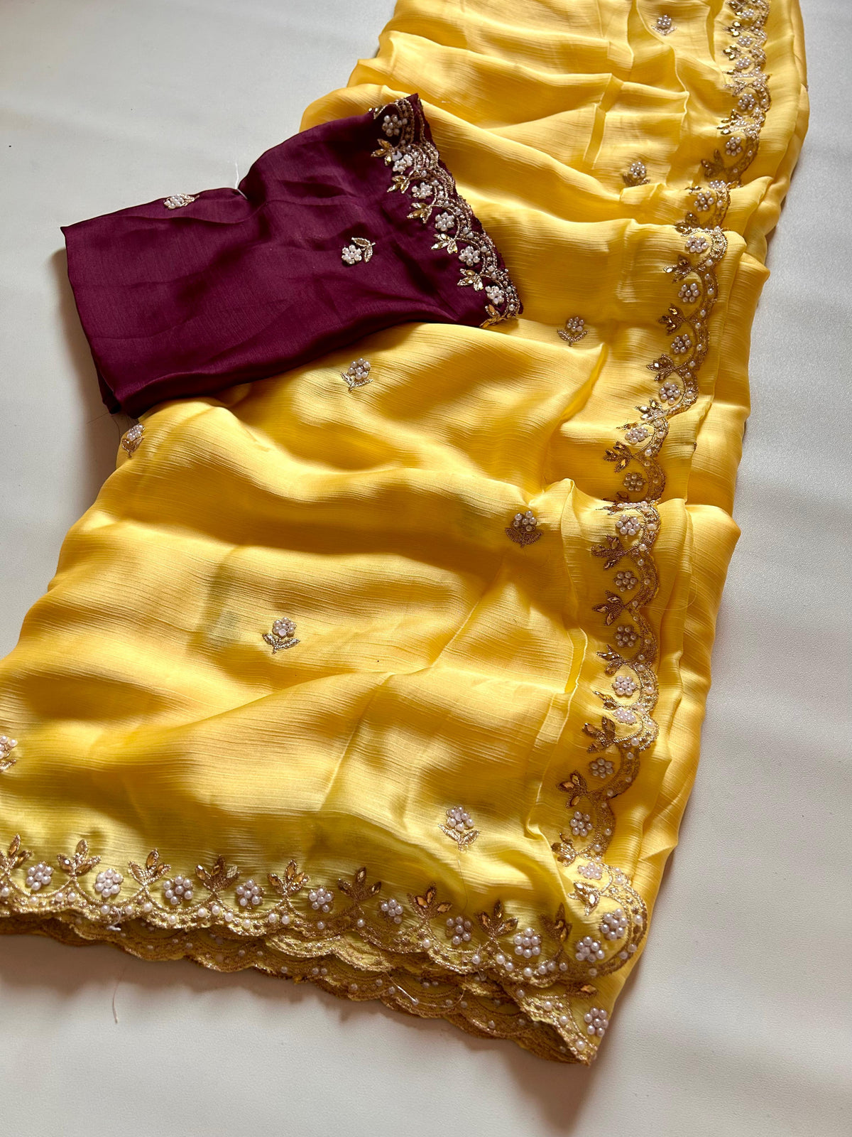 New Partywear Satin Chiffon Embroidery n Diamond Work Fancy Designer Saree With Blouse