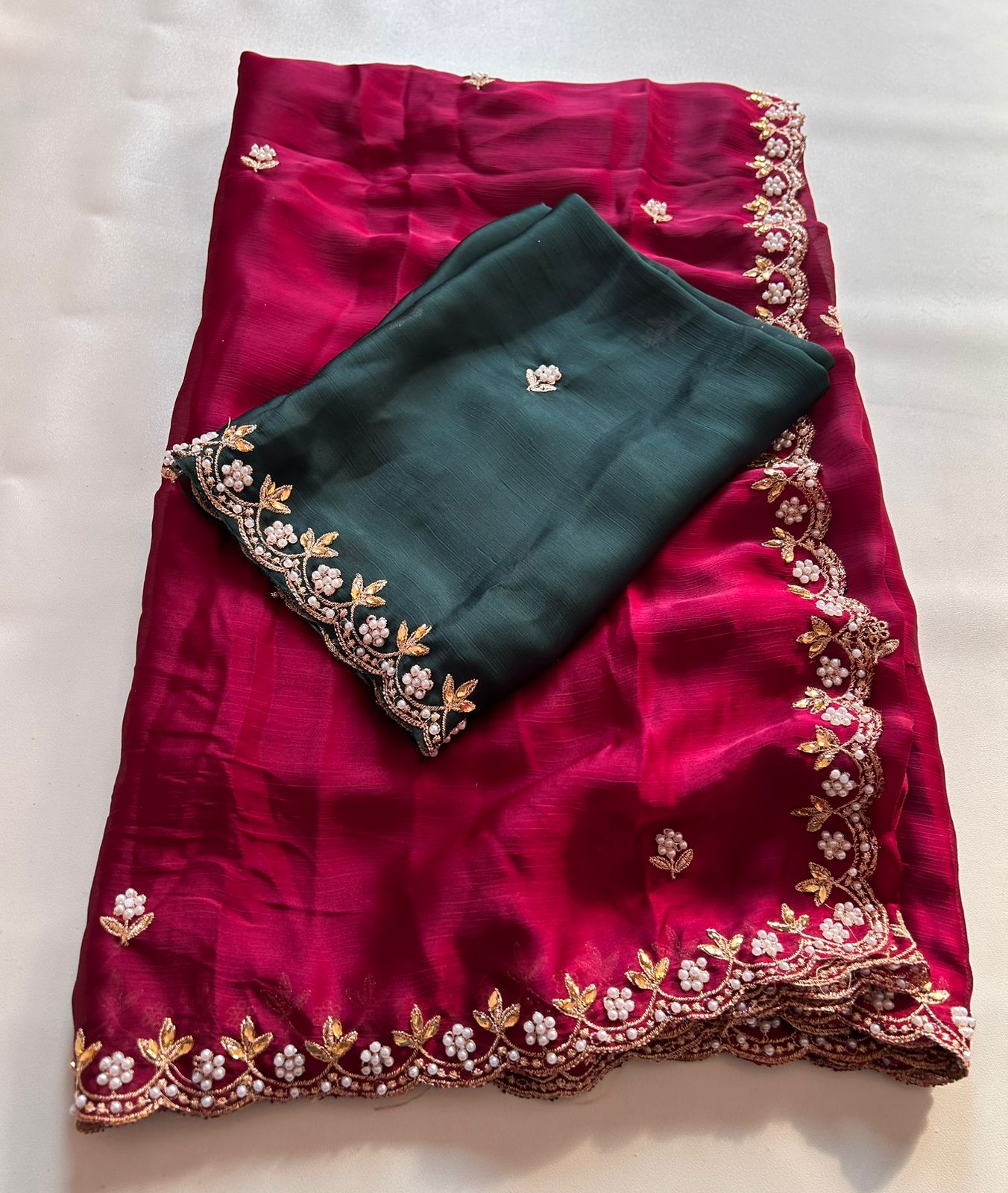 New Partywear Satin Chiffon Embroidery n Diamond Work Fancy Designer Saree With Blouse