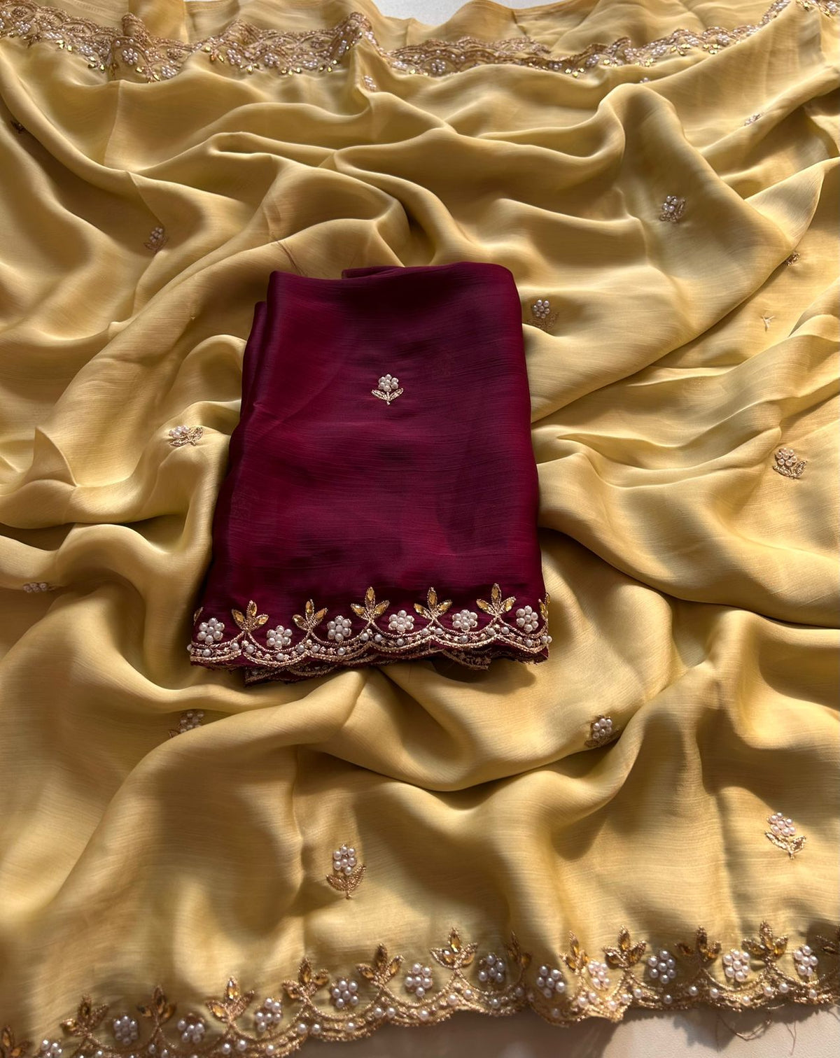 New Partywear Satin Chiffon Embroidery n Diamond Work Fancy Designer Saree With Blouse