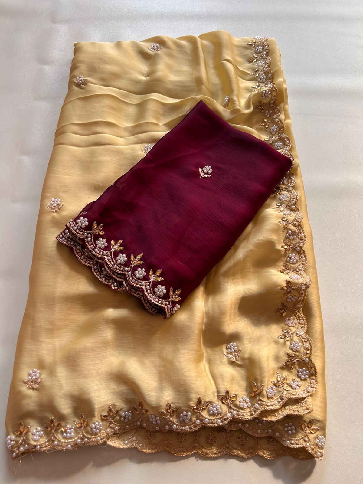 New Partywear Satin Chiffon Embroidery n Diamond Work Fancy Designer Saree With Blouse