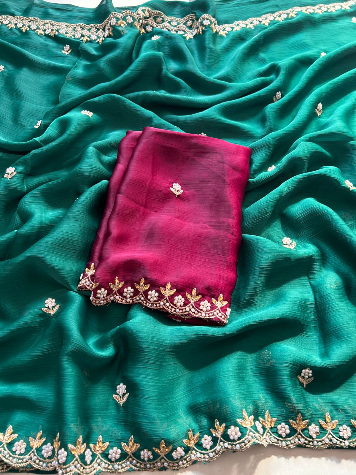 New Partywear Satin Chiffon Embroidery n Diamond Work Fancy Designer Saree With Blouse