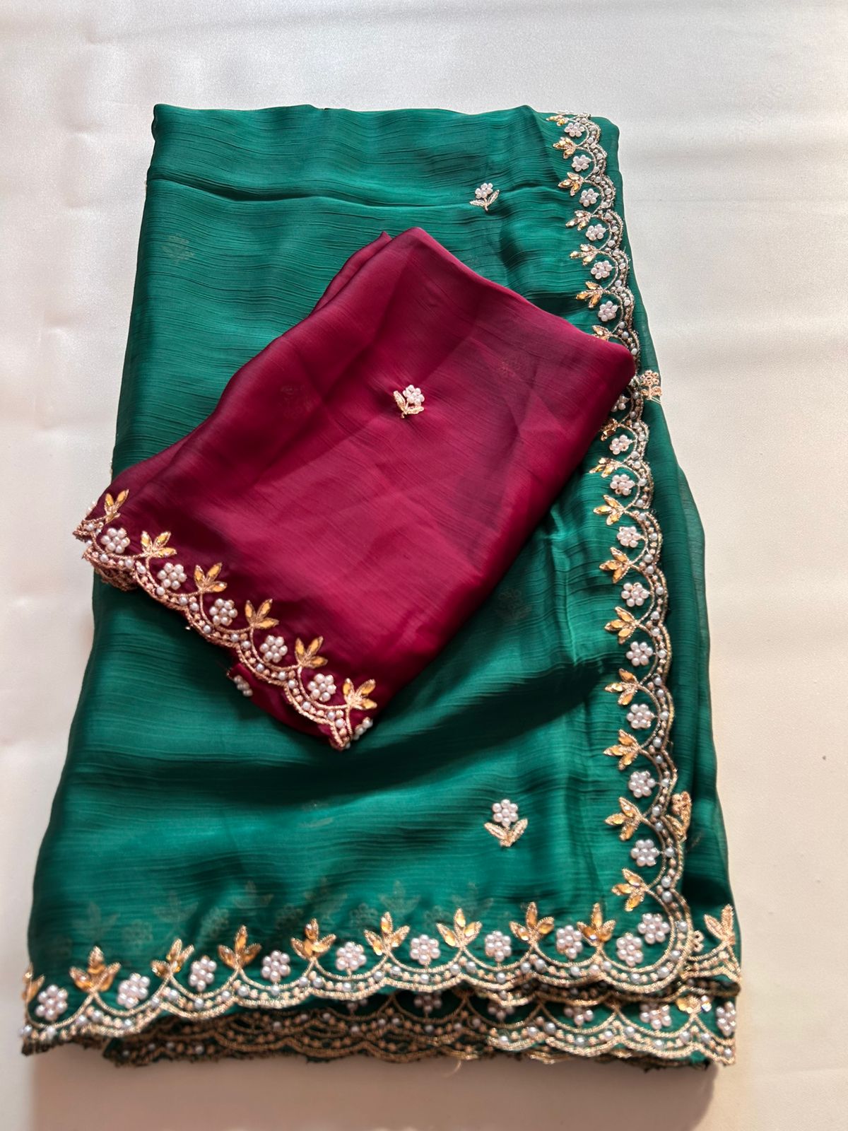 New Partywear Satin Chiffon Embroidery n Diamond Work Fancy Designer Saree With Blouse