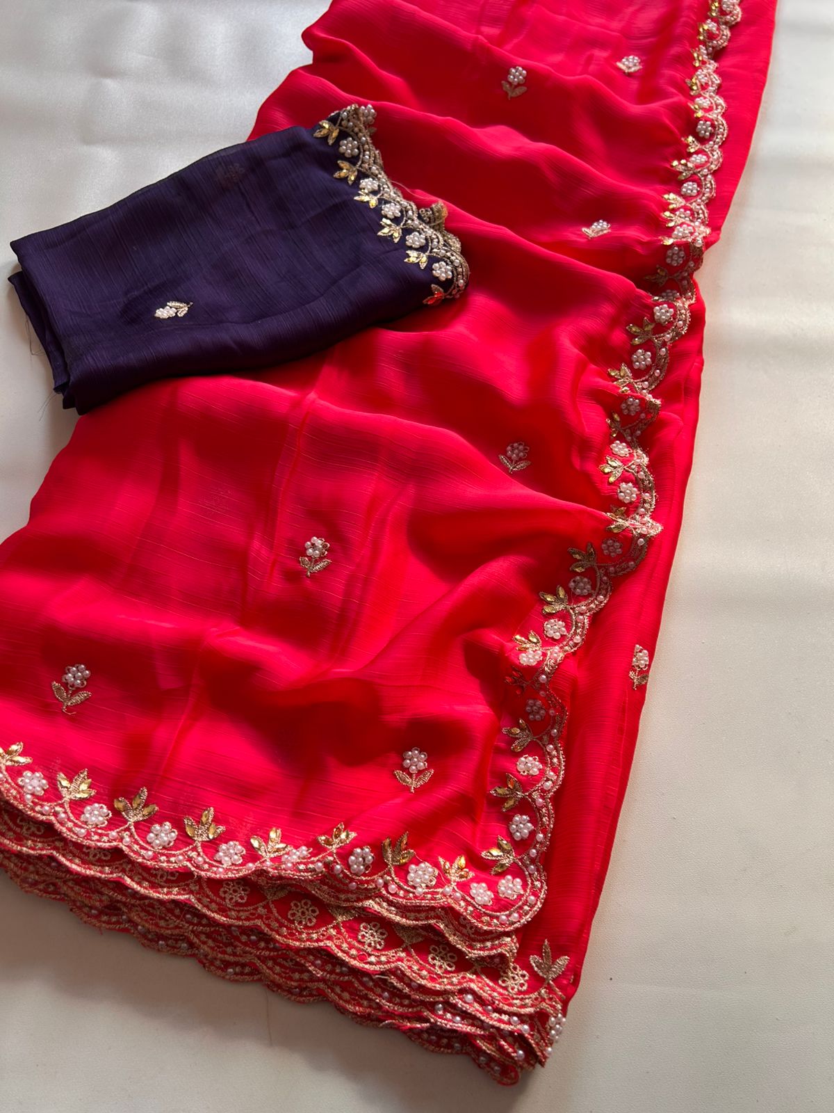 New Partywear Satin Chiffon Embroidery n Diamond Work Fancy Designer Saree With Blouse