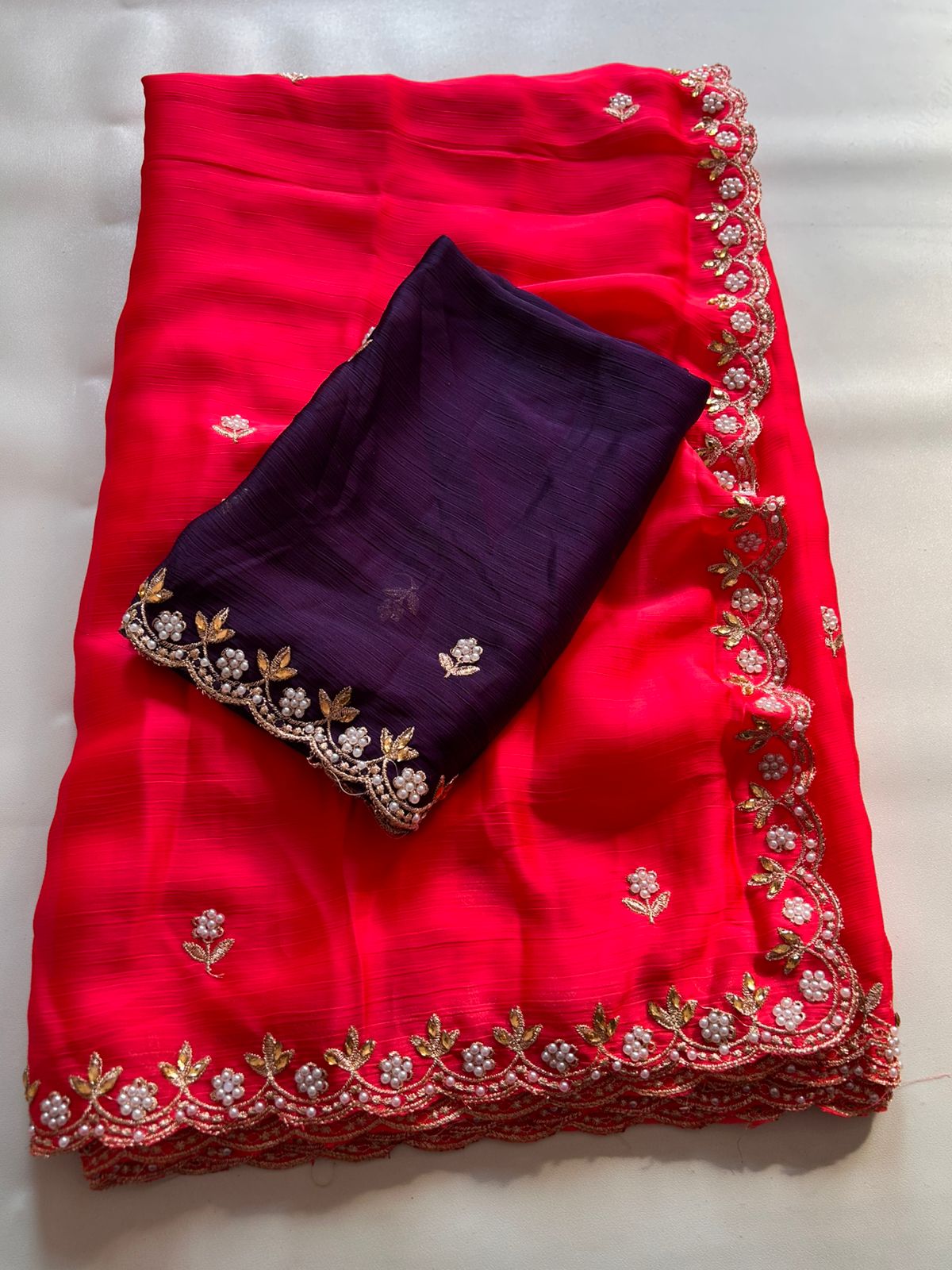 New Partywear Satin Chiffon Embroidery n Diamond Work Fancy Designer Saree With Blouse