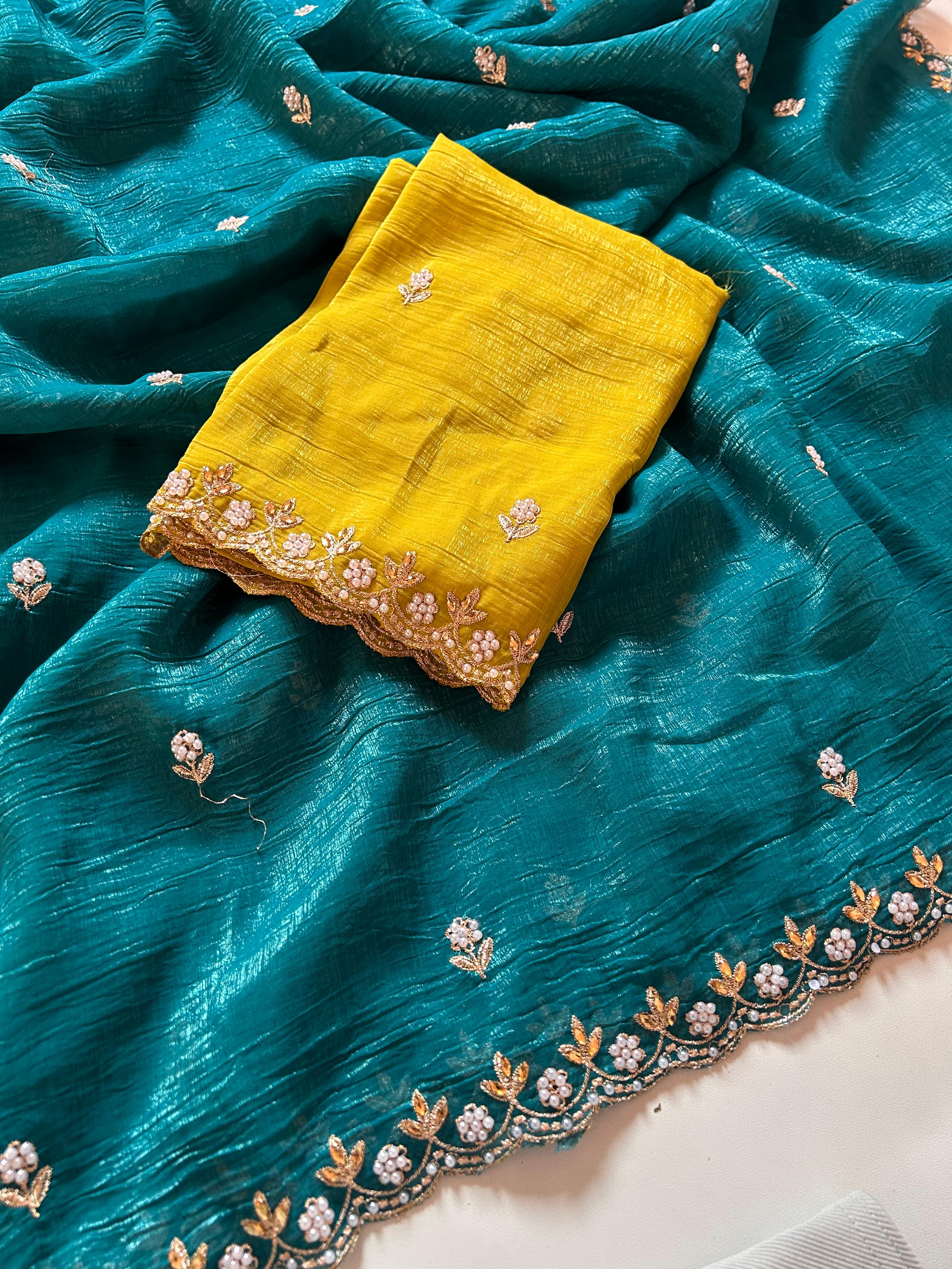 New Partywear Chiffon Embroidery n Diamond Work Partywear Fancy Designer Saree With Blouse