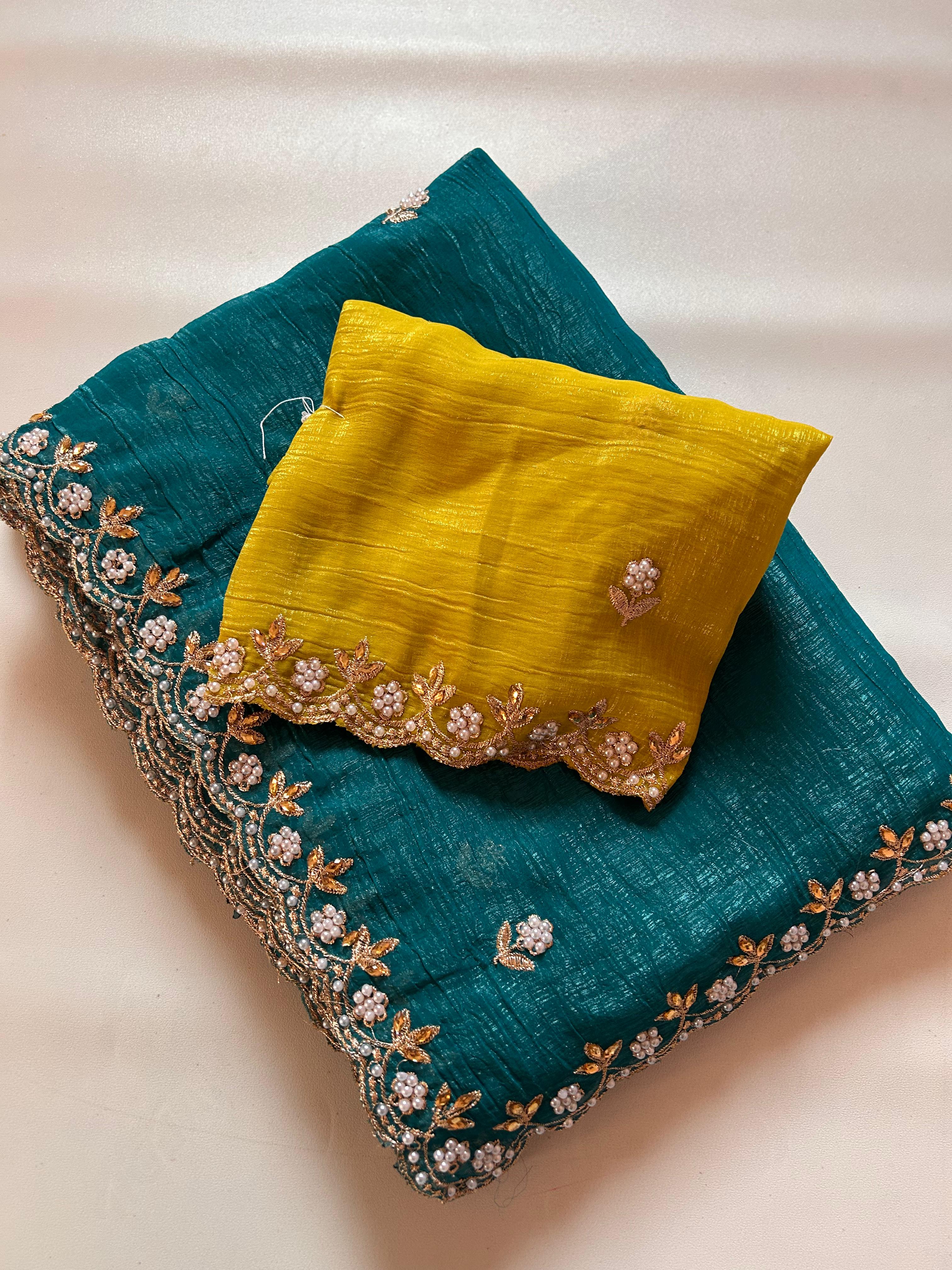 New Partywear Chiffon Embroidery n Diamond Work Partywear Fancy Designer Saree With Blouse