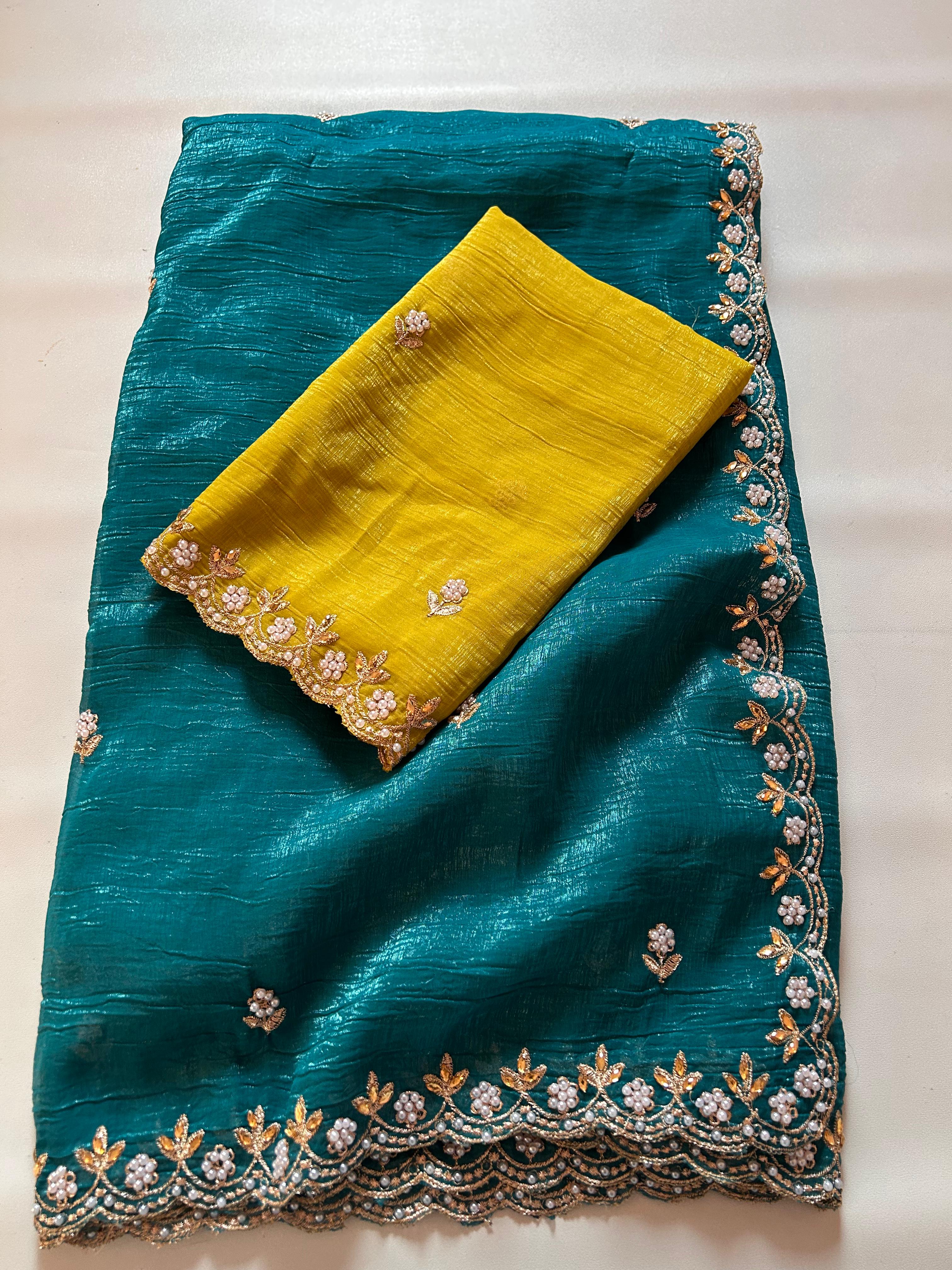 New Partywear Chiffon Embroidery n Diamond Work Partywear Fancy Designer Saree With Blouse