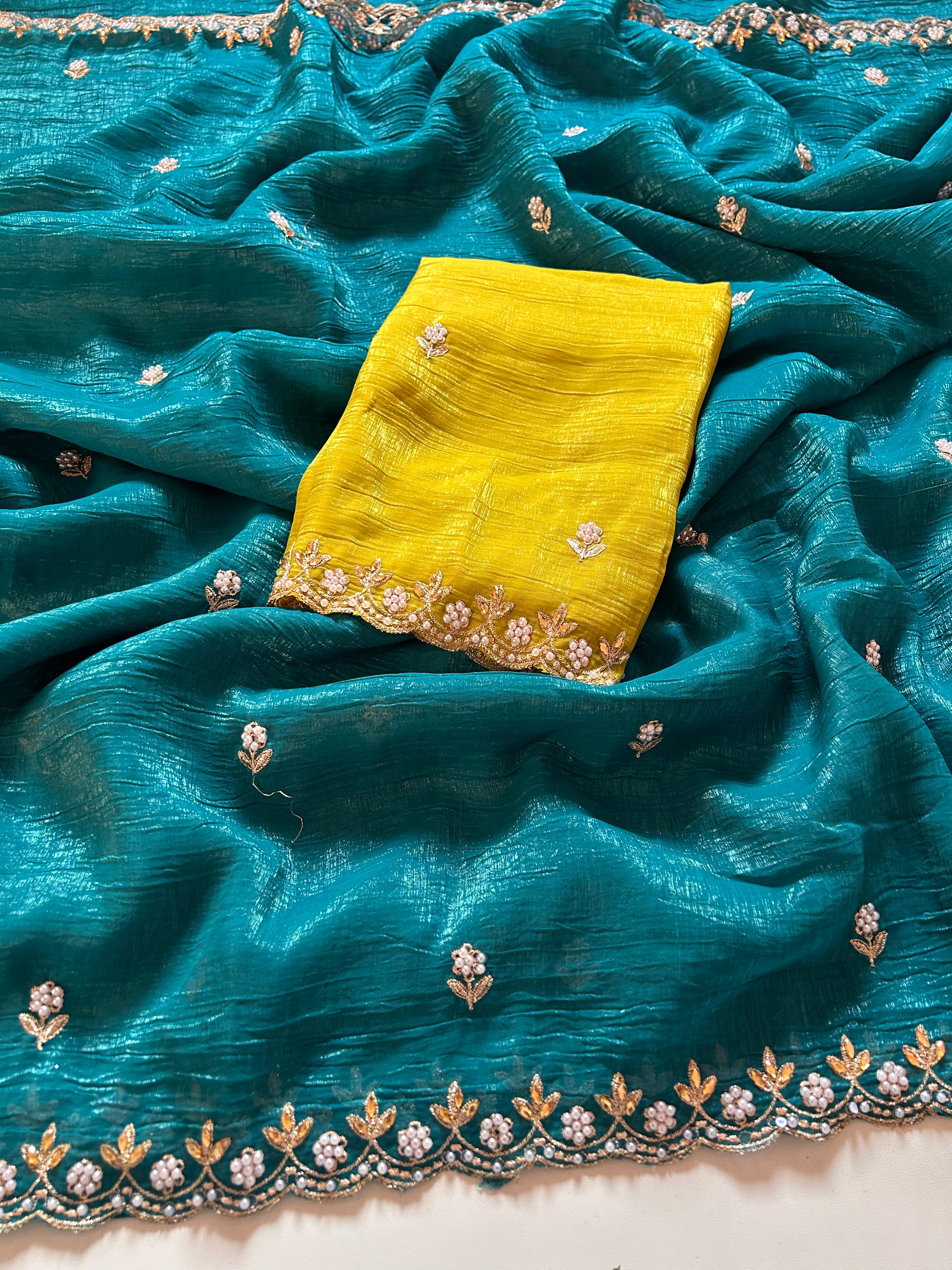 New Partywear Chiffon Embroidery n Diamond Work Partywear Fancy Designer Saree With Blouse