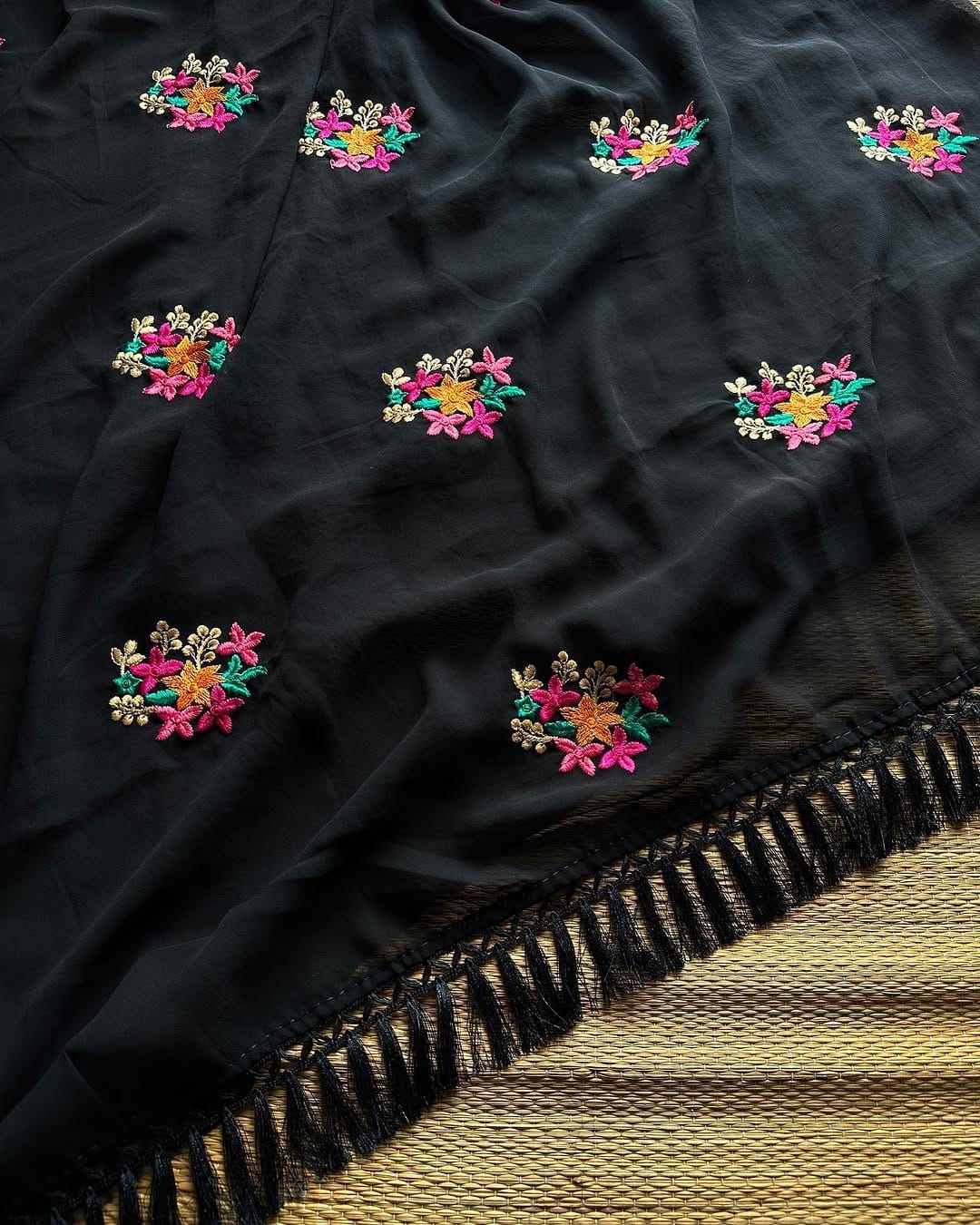 New Party Wear Chiffon Embroidery With Tussels Work Designer Saree With Blouse
