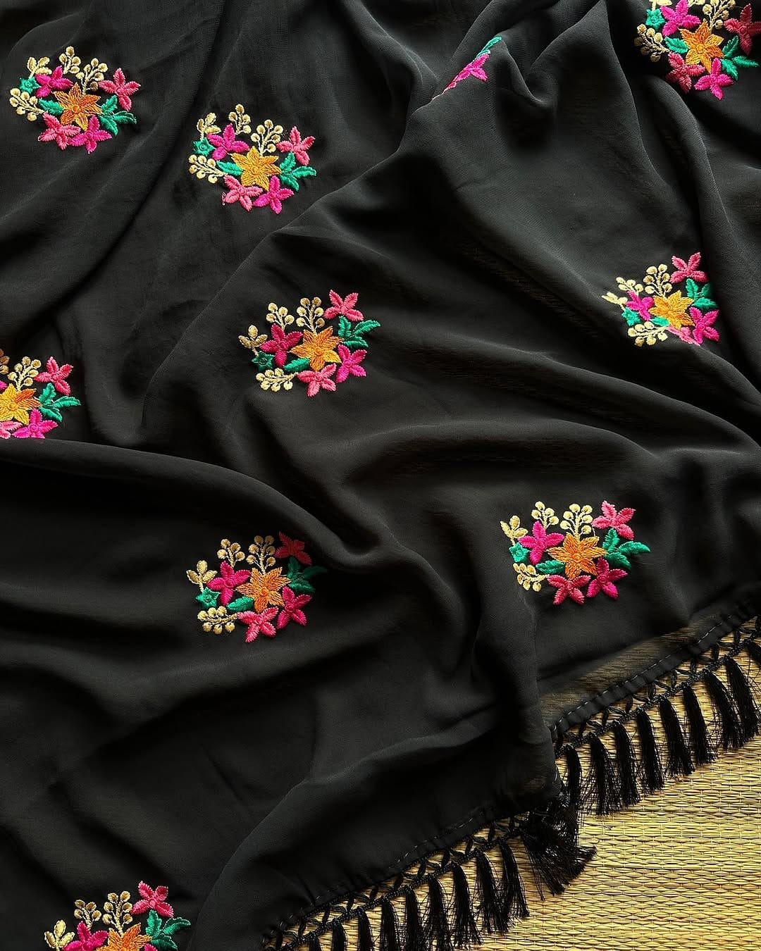 New Party Wear Chiffon Embroidery With Tussels Work Designer Saree With Blouse
