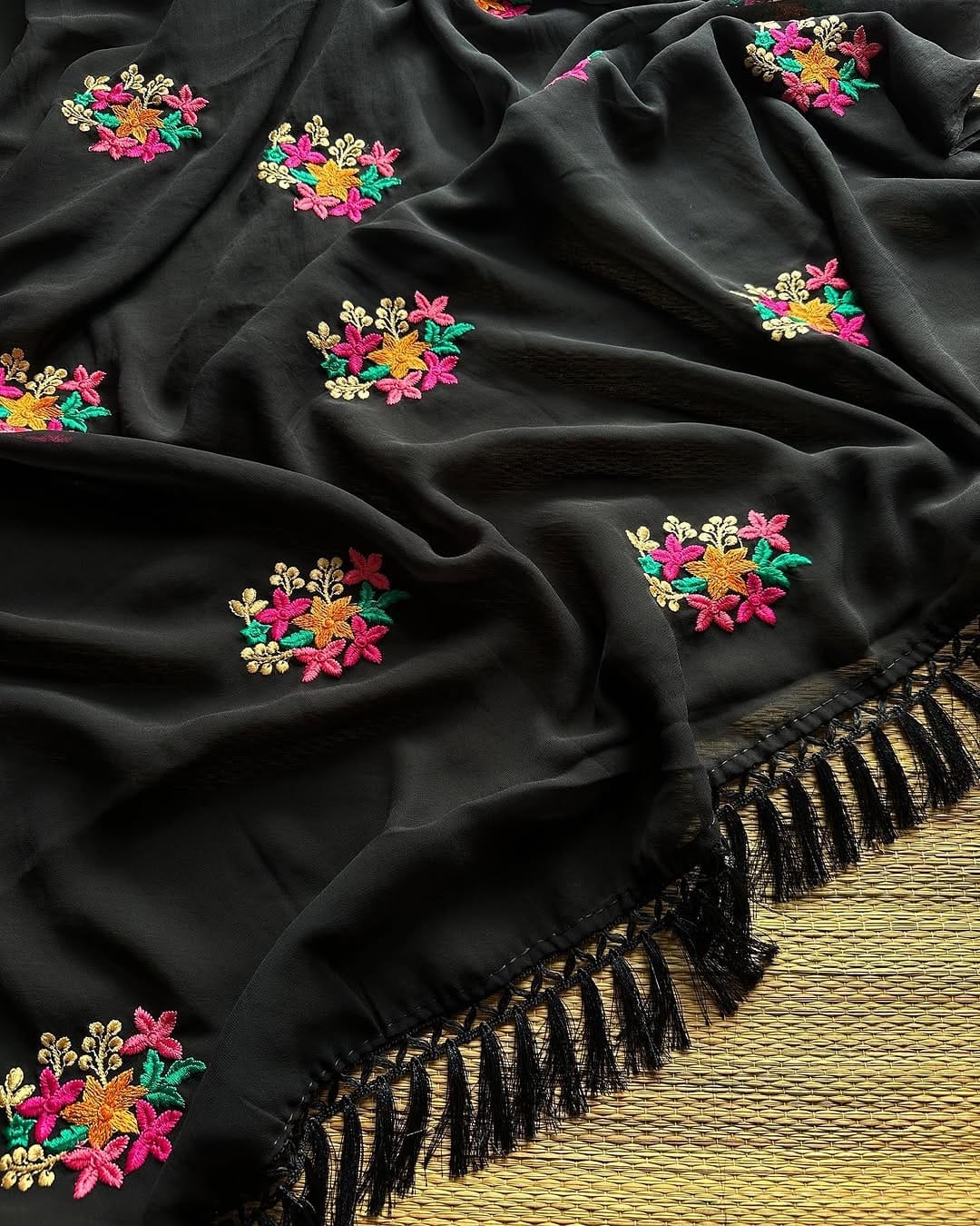 New Party Wear Chiffon Embroidery With Tussels Work Designer Saree With Blouse