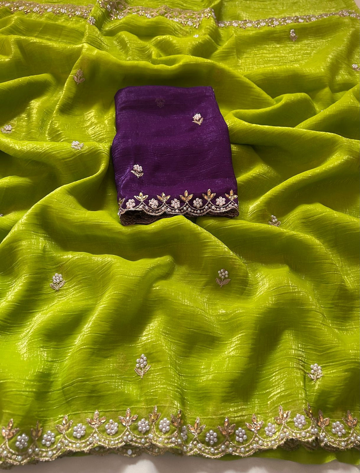 New Partywear Chiffon Embroidery n Diamond Work Partywear Fancy Designer Saree With Blouse