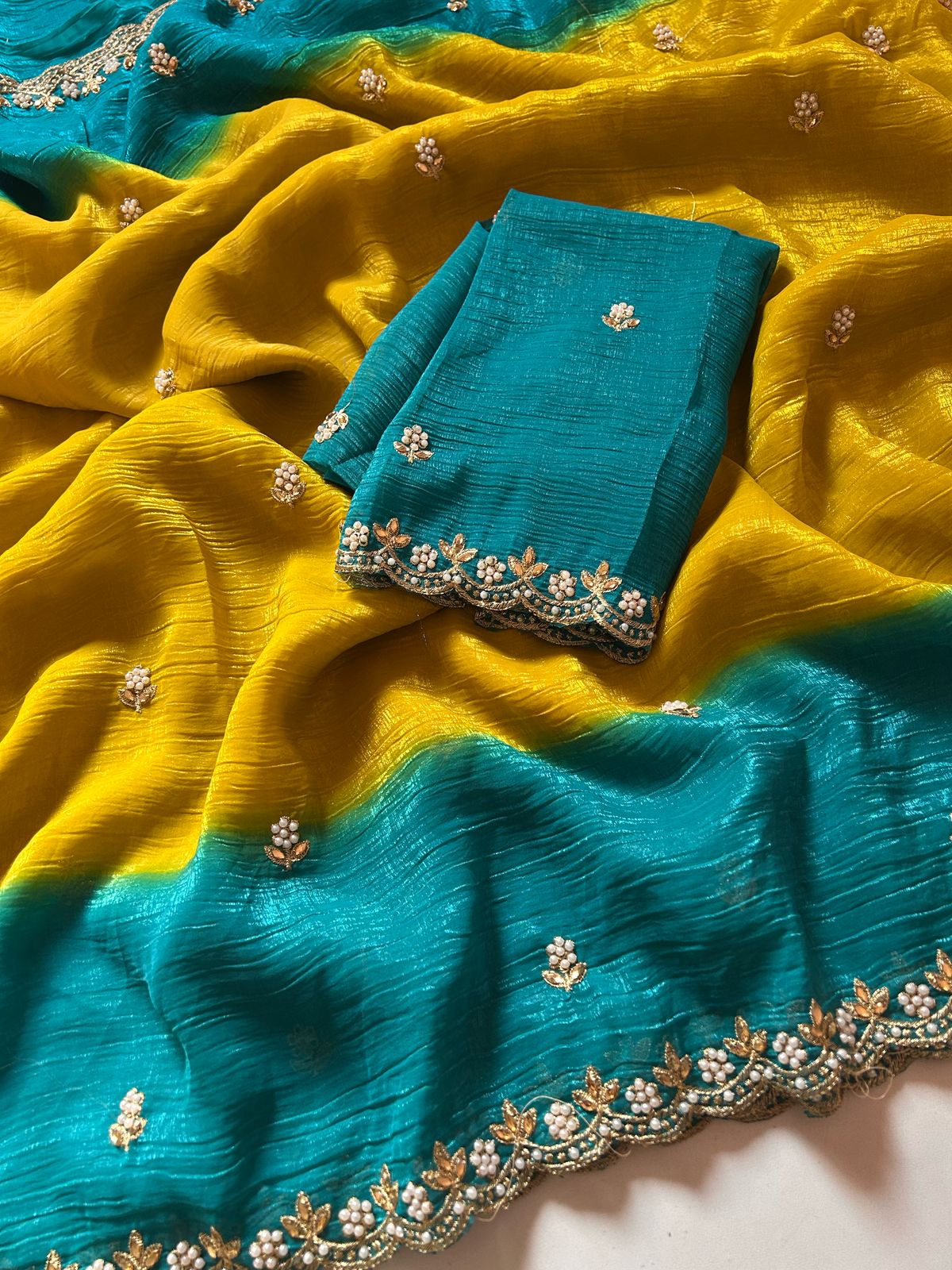 New Partywear Satin Chiffon Embroidery n Diamond Work Fancy Designer Saree With Blouse