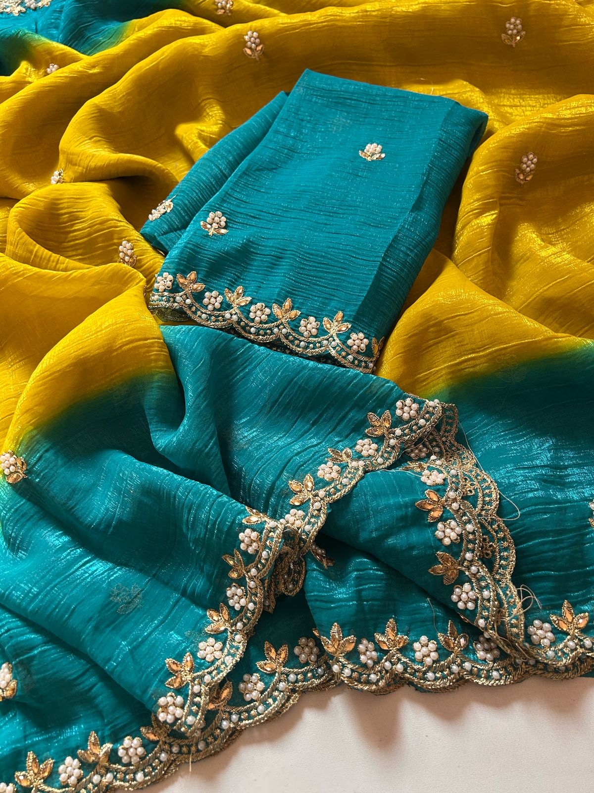 New Partywear Satin Chiffon Embroidery n Diamond Work Fancy Designer Saree With Blouse