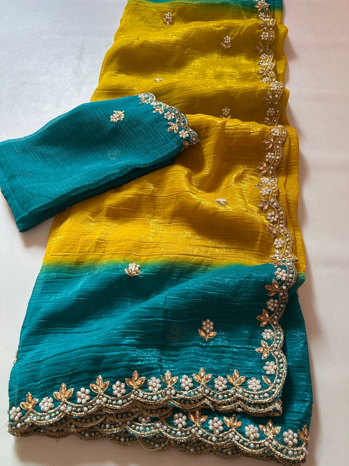 New Partywear Satin Chiffon Embroidery n Diamond Work Fancy Designer Saree With Blouse