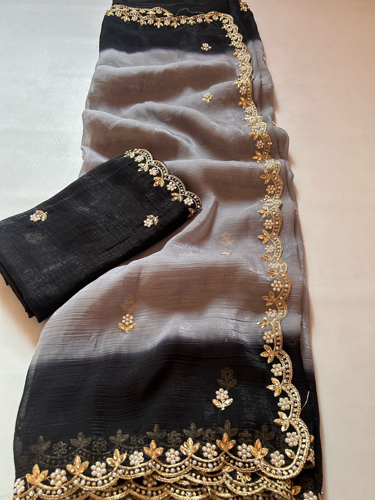 New Partywear Satin Chiffon Embroidery n Diamond Work Fancy Designer Saree With Blouse