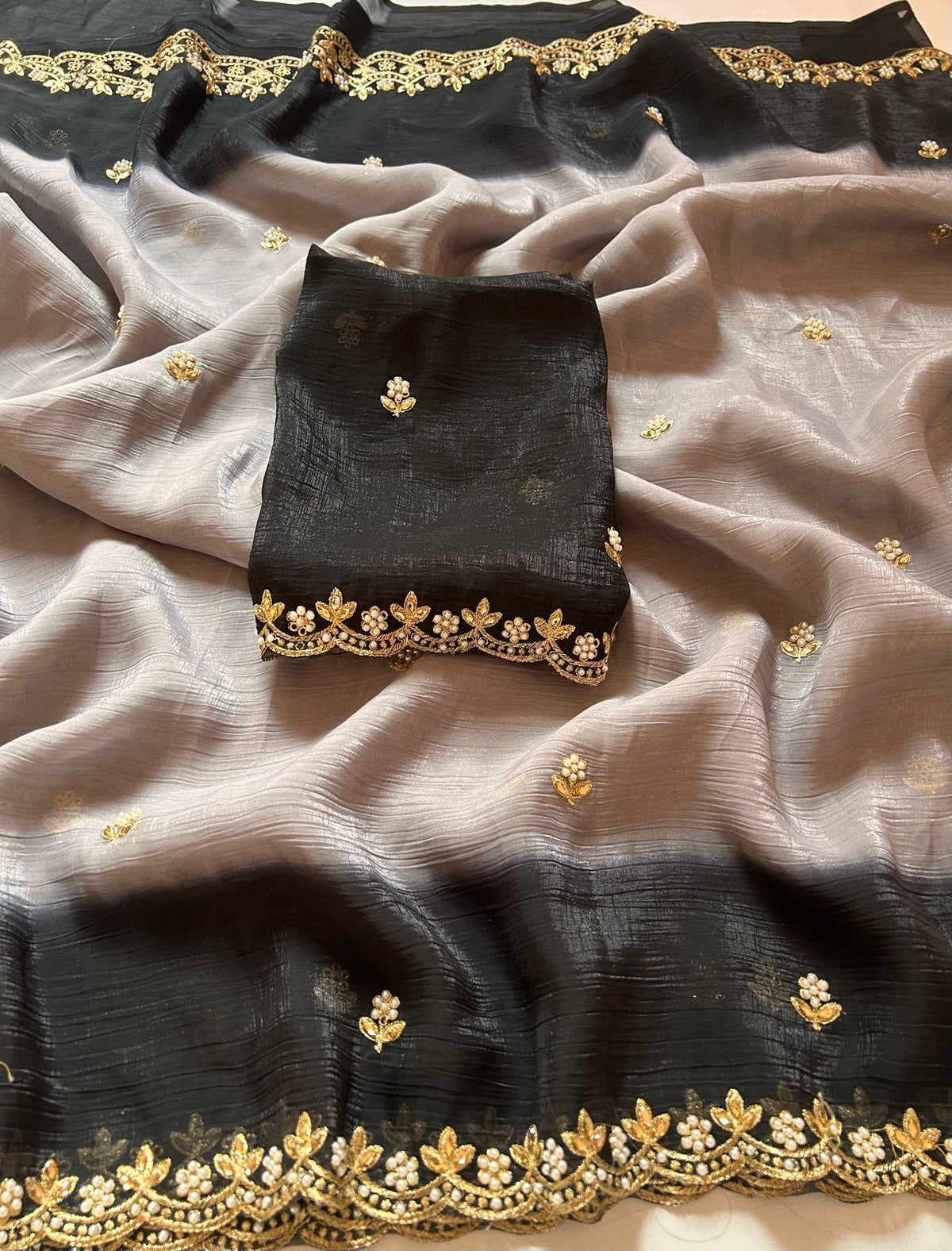 New Partywear Satin Chiffon Embroidery n Diamond Work Fancy Designer Saree With Blouse