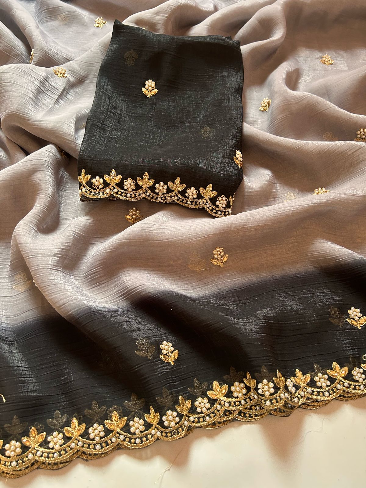 New Partywear Satin Chiffon Embroidery n Diamond Work Fancy Designer Saree With Blouse
