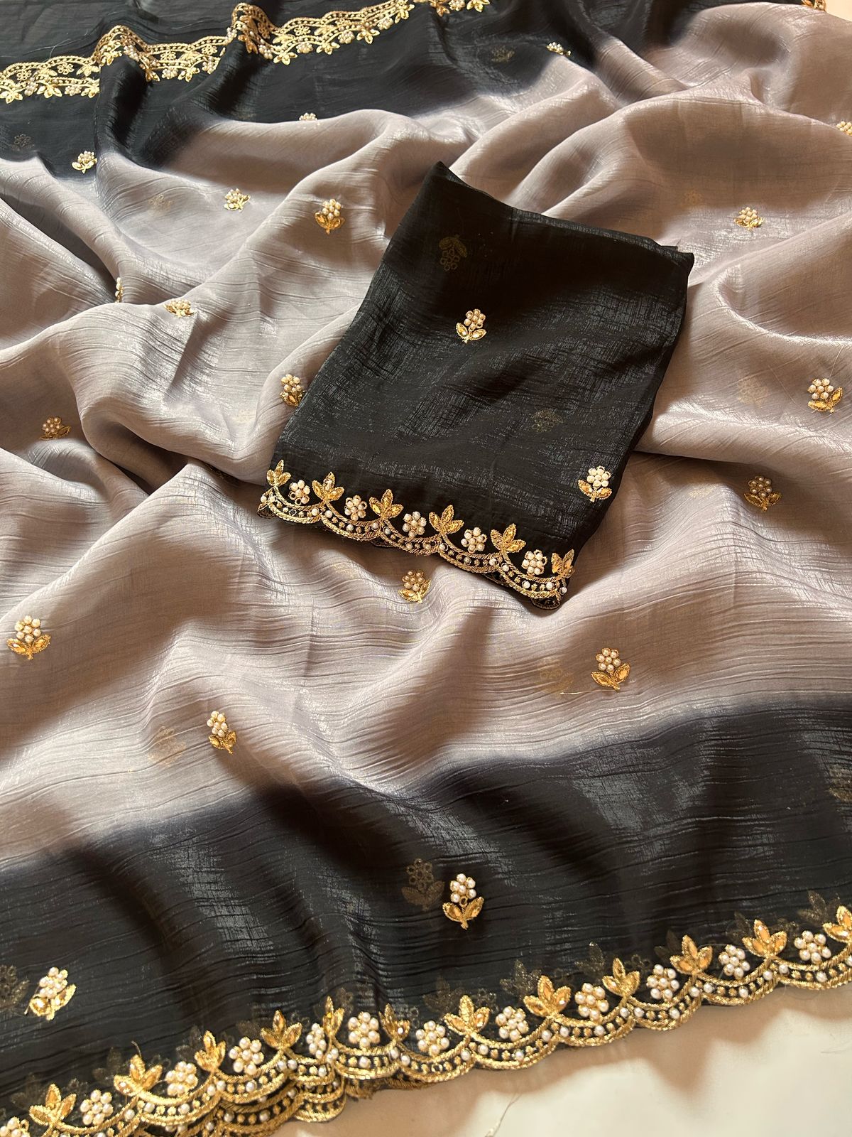 New Partywear Satin Chiffon Embroidery n Diamond Work Fancy Designer Saree With Blouse