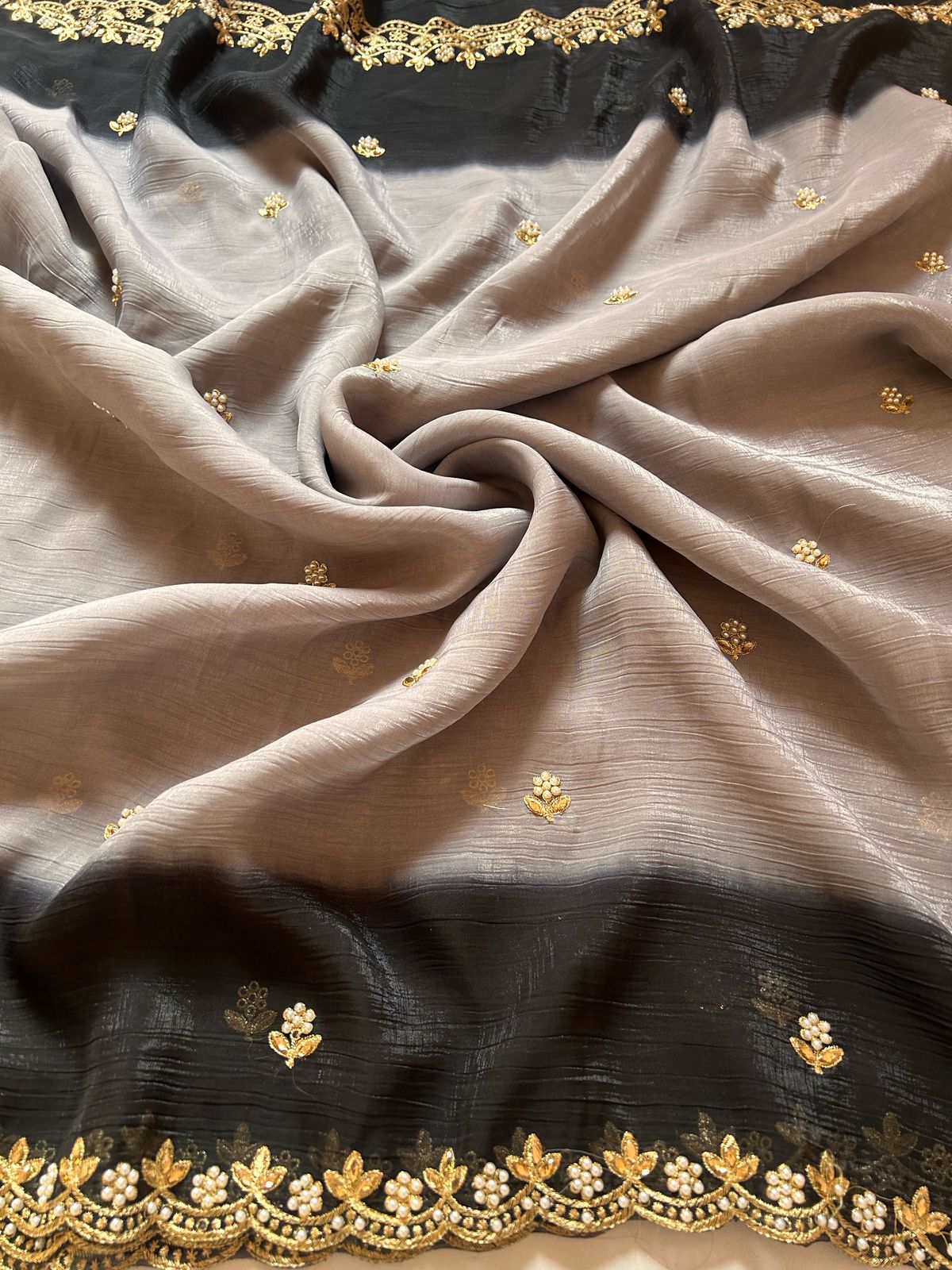 New Partywear Satin Chiffon Embroidery n Diamond Work Fancy Designer Saree With Blouse
