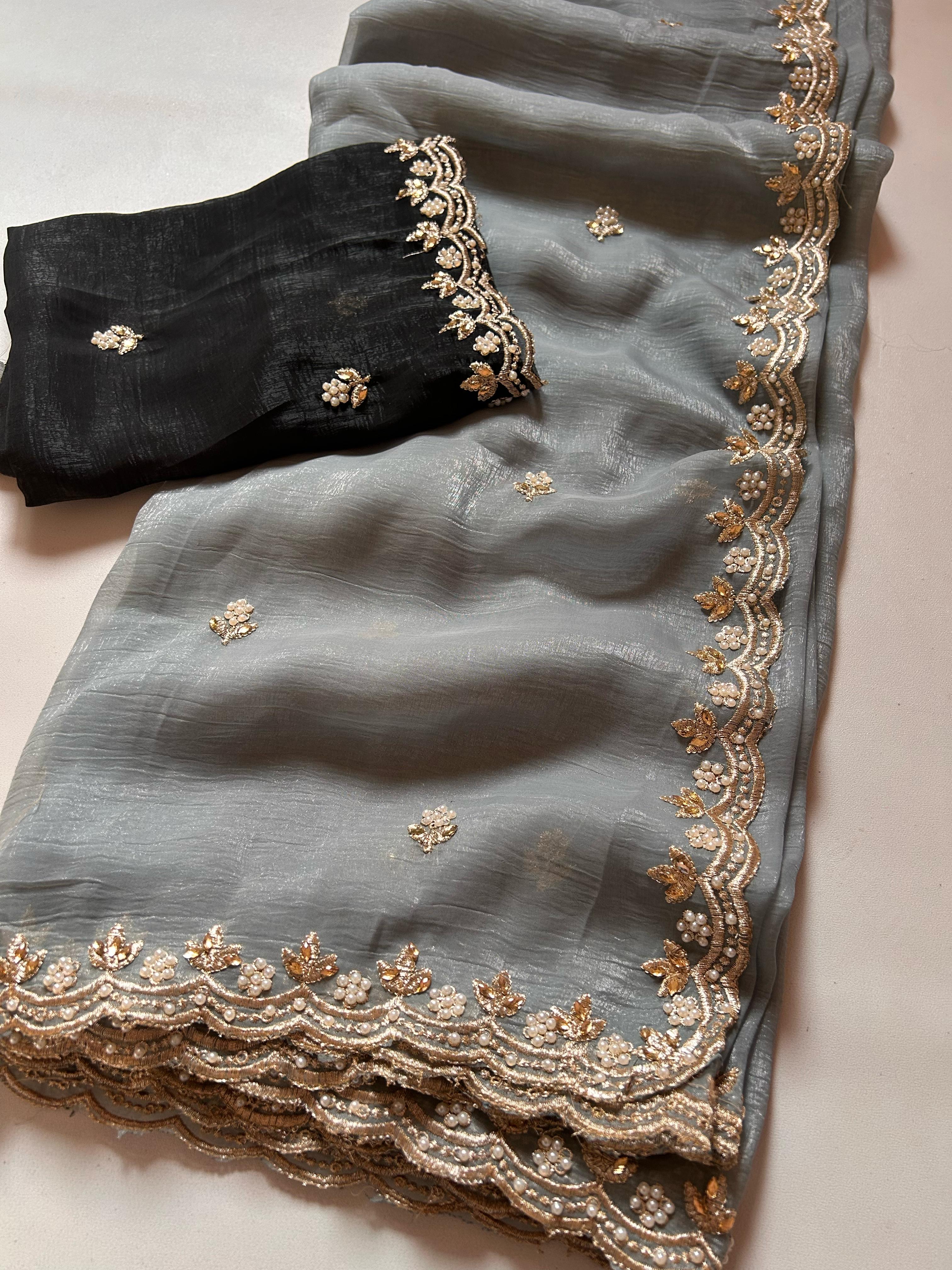 New Crush Chiffon Silk Embroidery n Diamond Work Partywear Fancy Designer Saree With Blouse