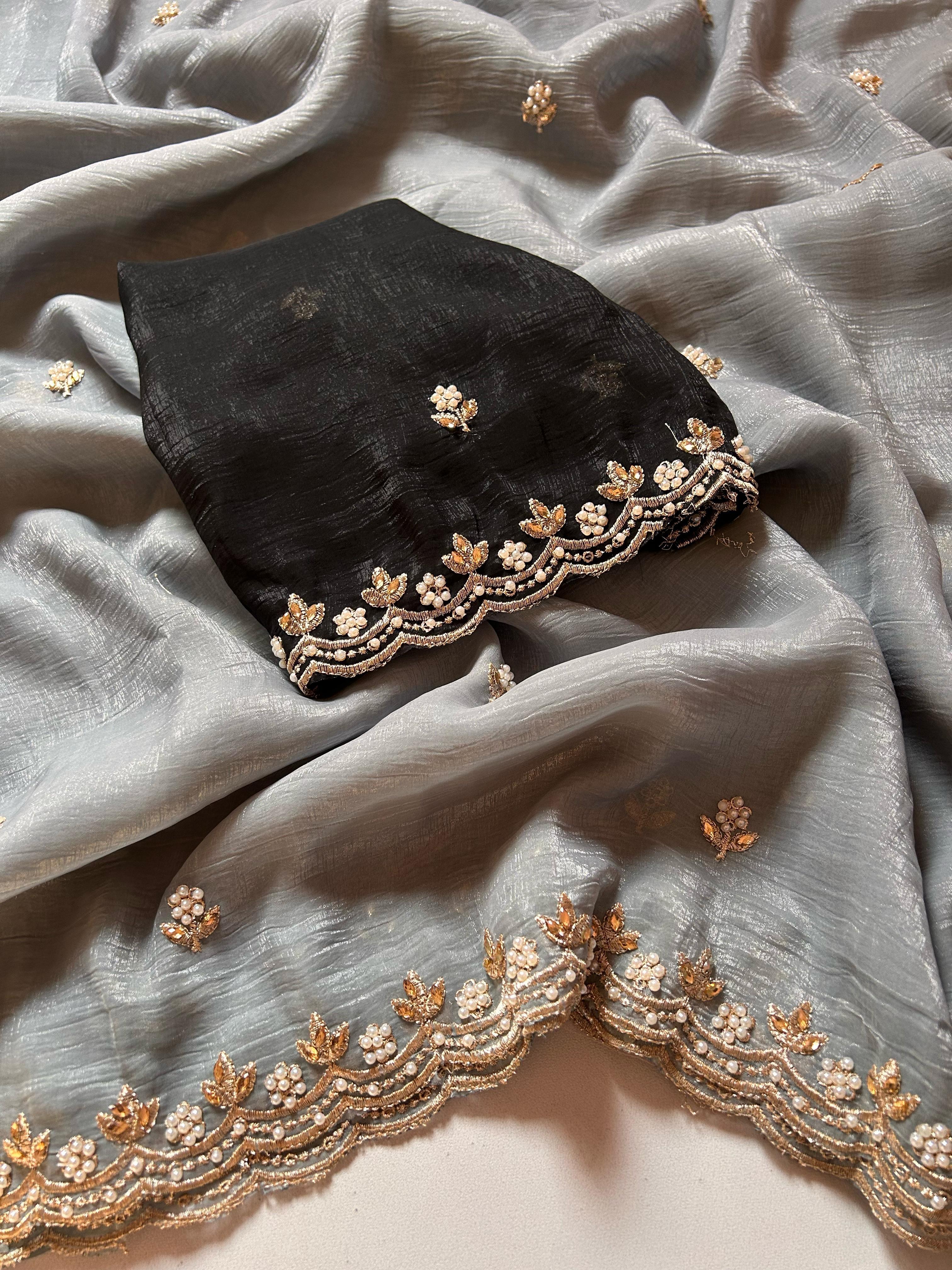 New Crush Chiffon Silk Embroidery n Diamond Work Partywear Fancy Designer Saree With Blouse