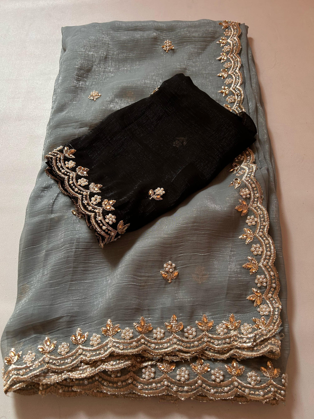 New Crush Chiffon Silk Embroidery n Diamond Work Partywear Fancy Designer Saree With Blouse