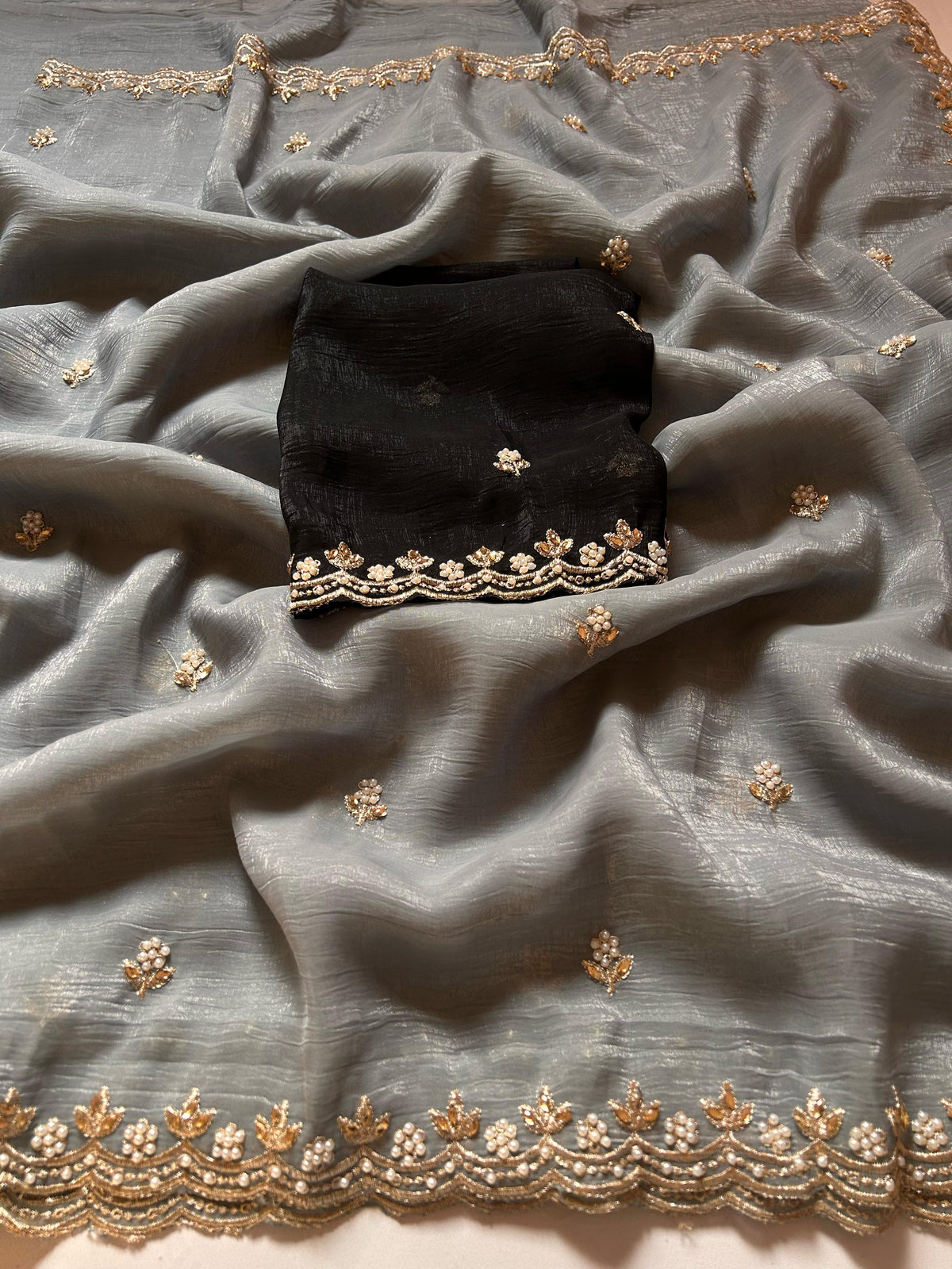 New Crush Chiffon Silk Embroidery n Diamond Work Partywear Fancy Designer Saree With Blouse