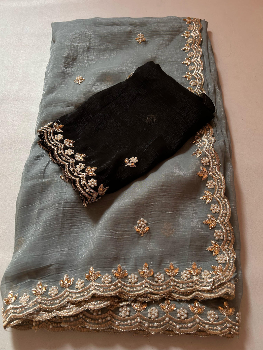 New Crush Chiffon Silk Embroidery n Diamond Work Partywear Fancy Designer Saree With Blouse