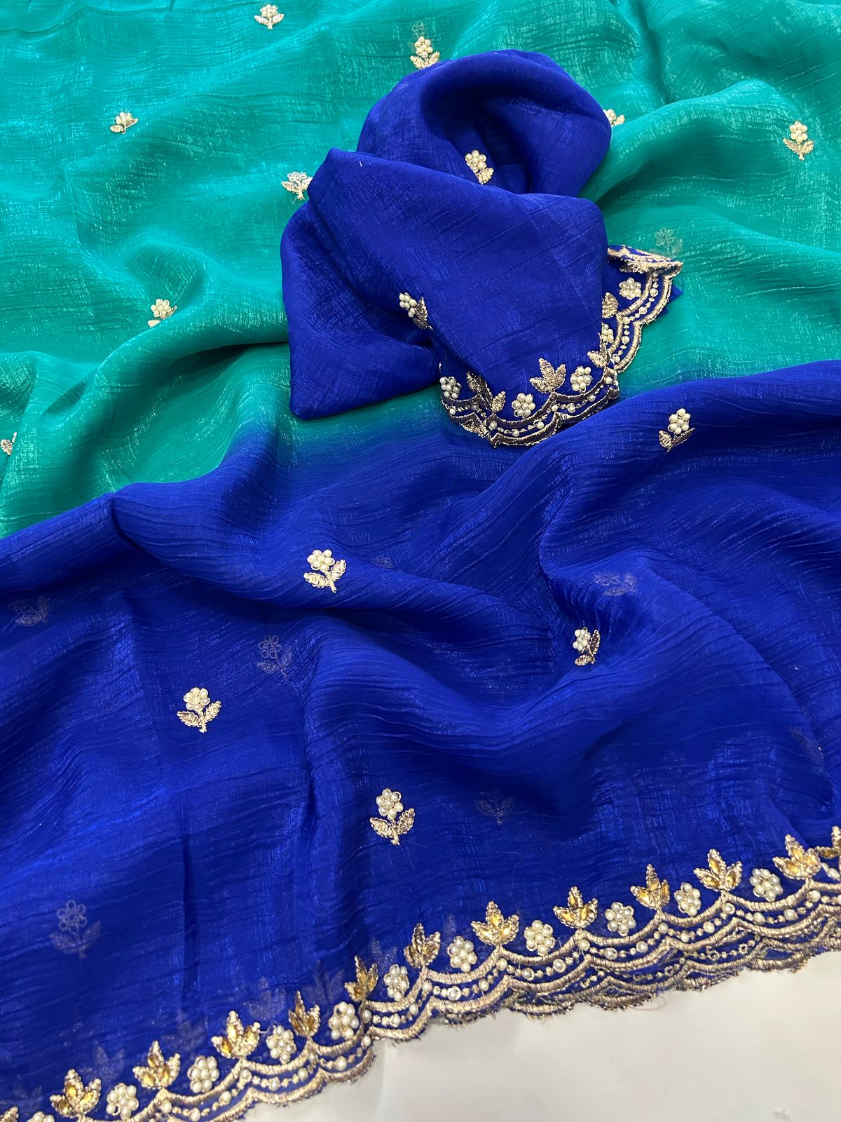 New Pedding Color Crunchy Chiffon Silk With Beautiful Embroidery n Cut Work Partywear Fancy Designer Saree