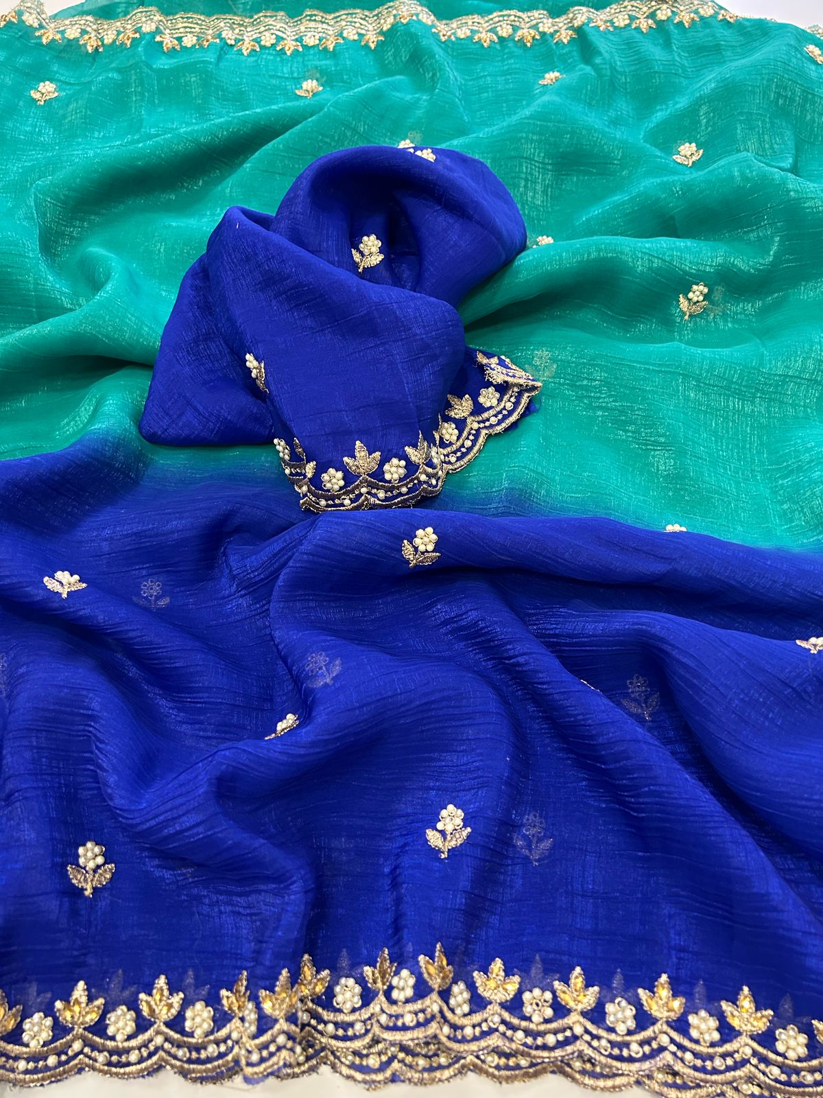 New Pedding Color Crunchy Chiffon Silk With Beautiful Embroidery n Cut Work Partywear Fancy Designer Saree