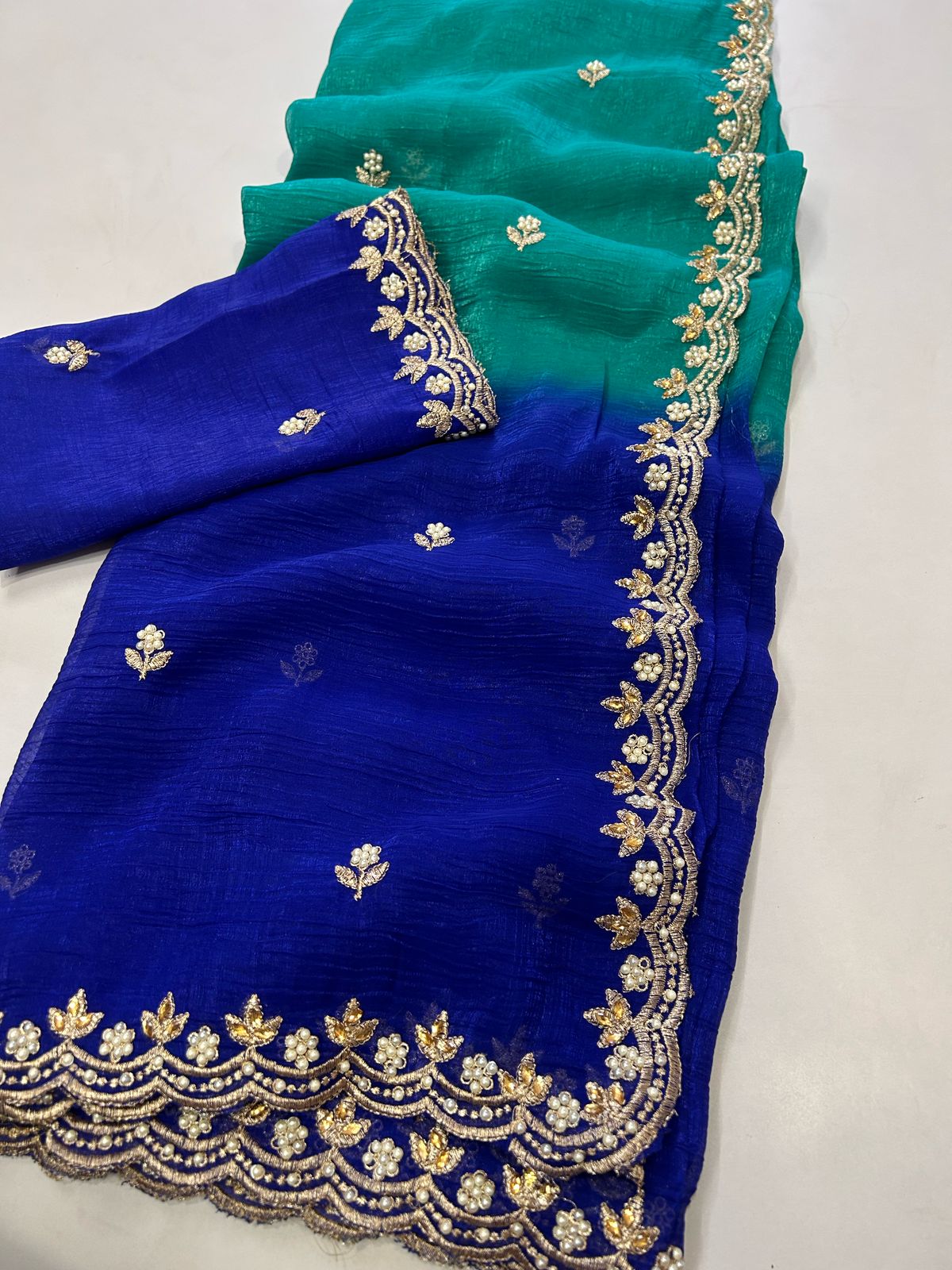 New Pedding Color Crunchy Chiffon Silk With Beautiful Embroidery n Cut Work Partywear Fancy Designer Saree