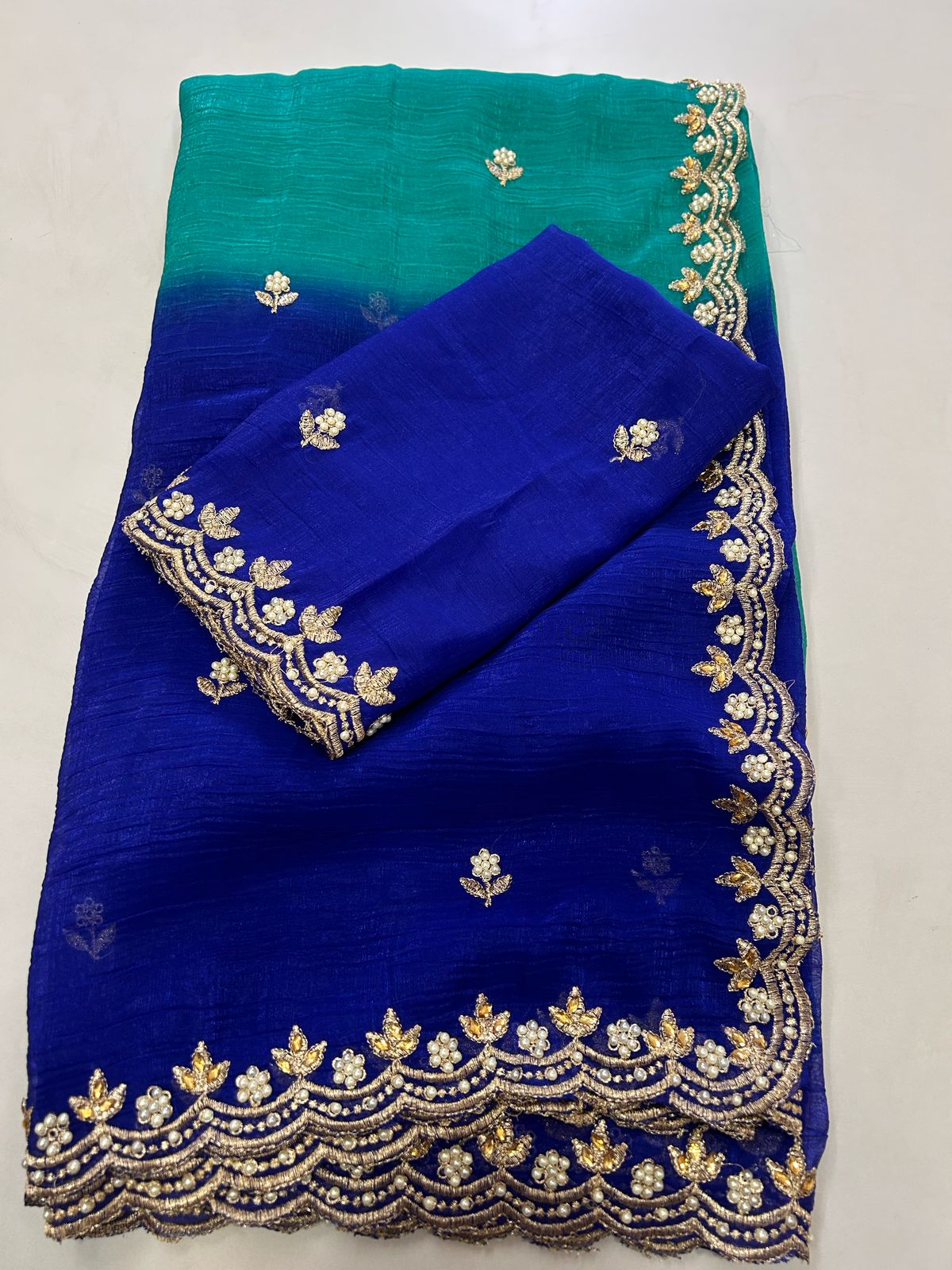 New Pedding Color Crunchy Chiffon Silk With Beautiful Embroidery n Cut Work Partywear Fancy Designer Saree