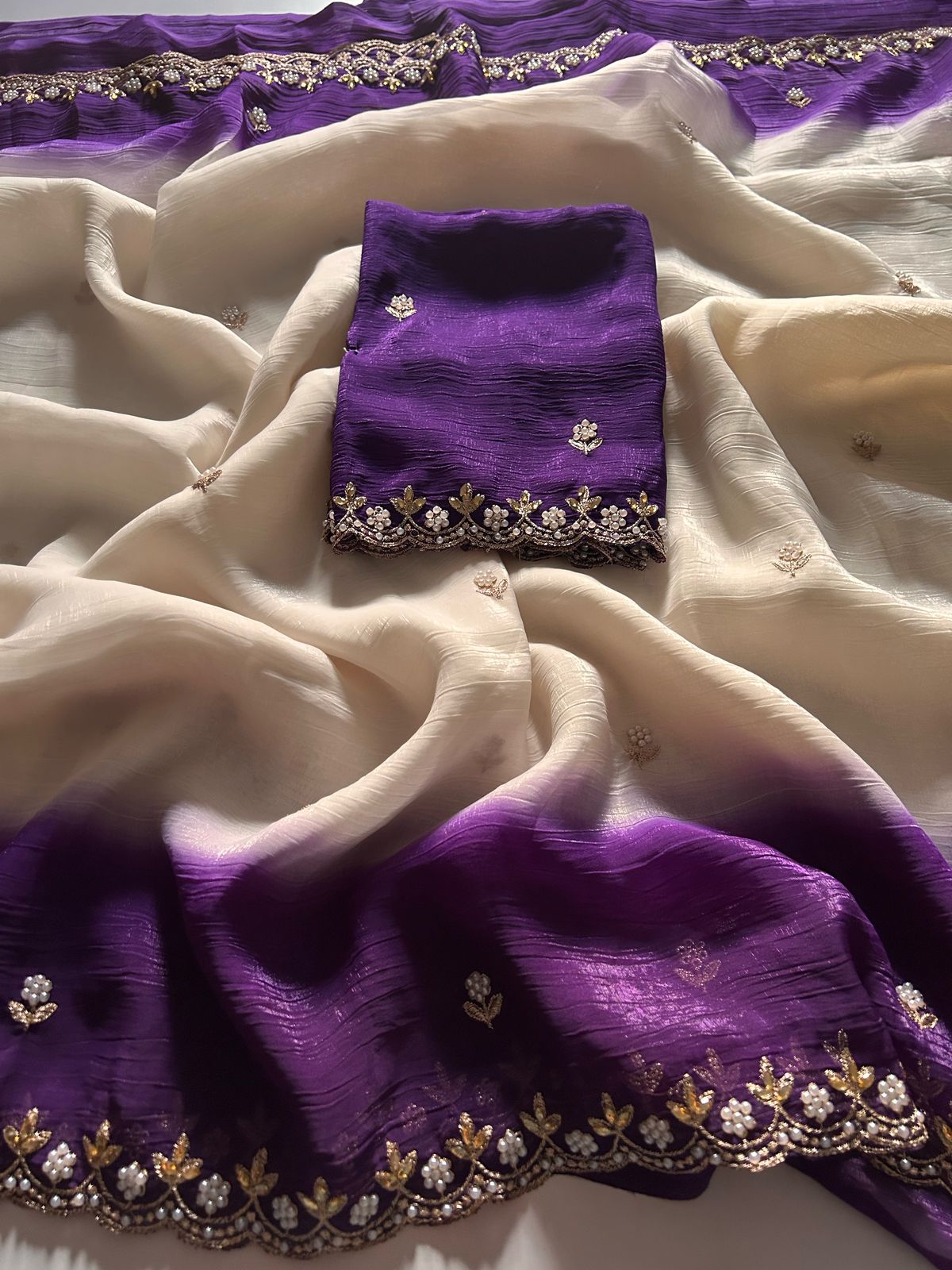 New Partywear Satin Chiffon Embroidery n Diamond Work Fancy Designer Saree With Blouse