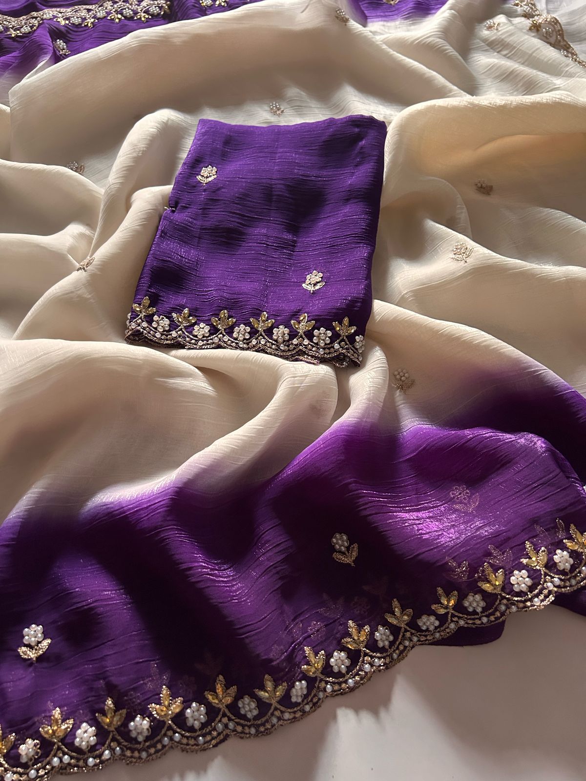 New Partywear Satin Chiffon Embroidery n Diamond Work Fancy Designer Saree With Blouse