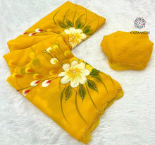 Load image into Gallery viewer, New Wedding Wear Yellow Color Soft Chiffon Handbrush Print n Handwork Fancy Designer Saree With Blouse
