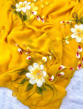 Load image into Gallery viewer, New Wedding Wear Yellow Color Soft Chiffon Handbrush Print n Handwork Fancy Designer Saree With Blouse
