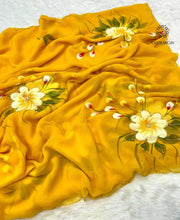 Load image into Gallery viewer, New Wedding Wear Yellow Color Soft Chiffon Handbrush Print n Handwork Fancy Designer Saree With Blouse
