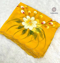 Load image into Gallery viewer, New Wedding Wear Yellow Color Soft Chiffon Handbrush Print n Handwork Fancy Designer Saree With Blouse
