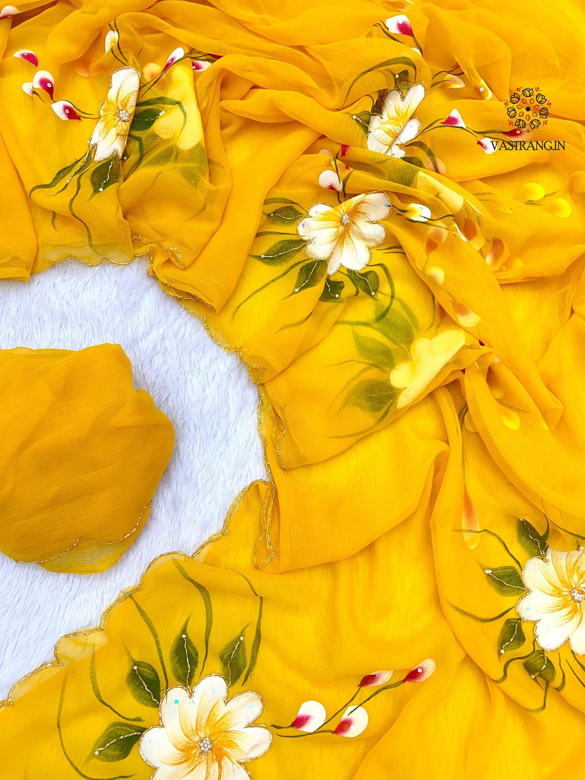 New Wedding Wear Yellow Color Soft Chiffon Handbrush Print n Handwork Fancy Designer Saree With Blouse