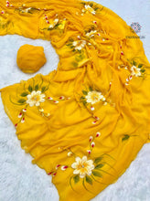 Load image into Gallery viewer, New Wedding Wear Yellow Color Soft Chiffon Handbrush Print n Handwork Fancy Designer Saree With Blouse

