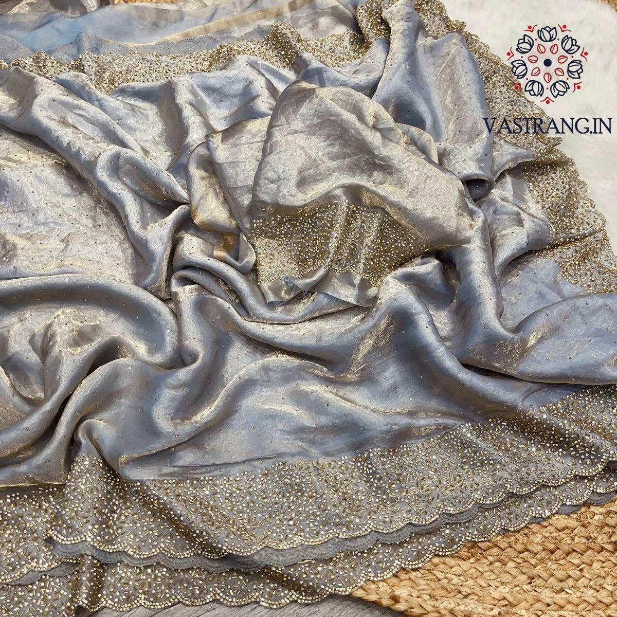 Latest Partywear Space Silk Jarkhan Heavy Diamond Work Fancy Designer Saree With Blouse