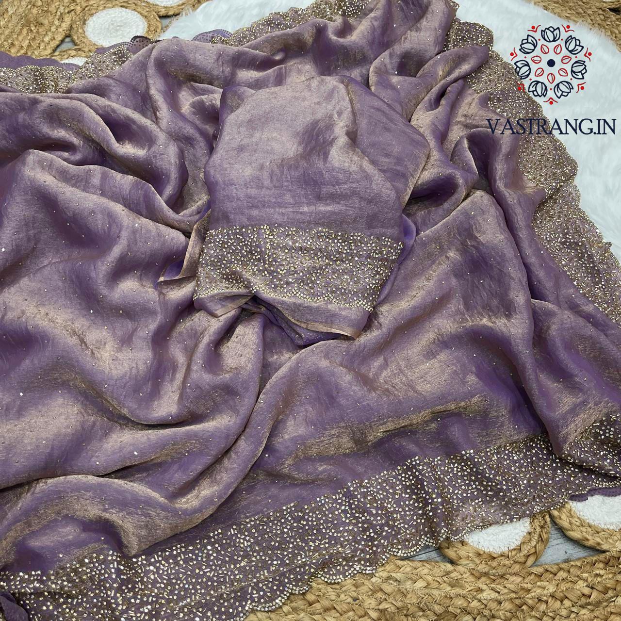 Latest Partywear Space Silk Jarkhan Heavy Diamond Work Fancy Designer Saree With Blouse