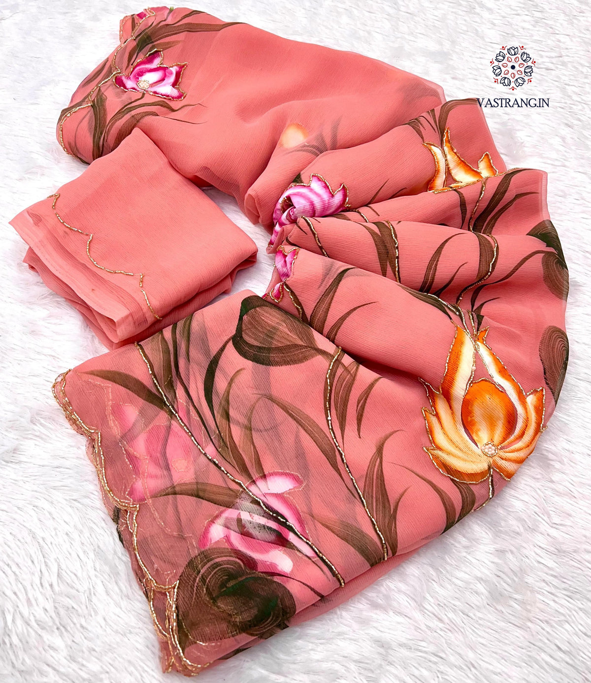 New Wedding Wear Soft Chiffon Handbrush Print n Handwork Fancy Designer Saree With Blouse