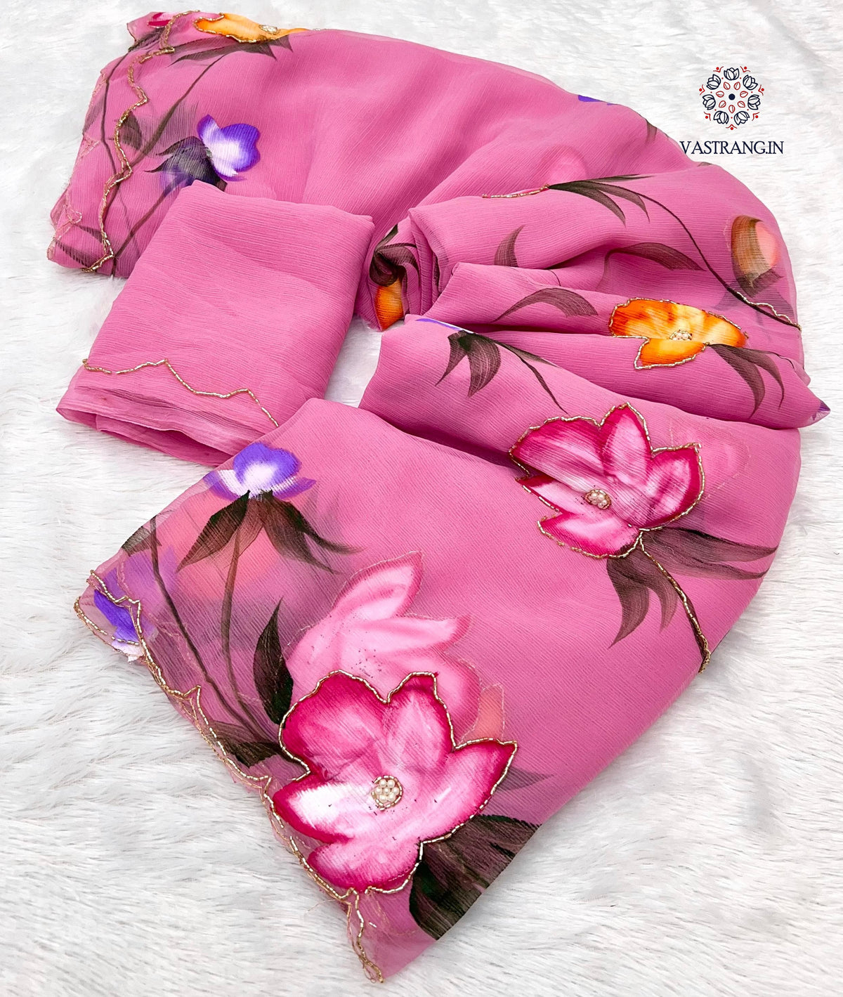 New Wedding Wear Soft Chiffon Handbrush Print n Handwork Fancy Designer Saree With Blouse