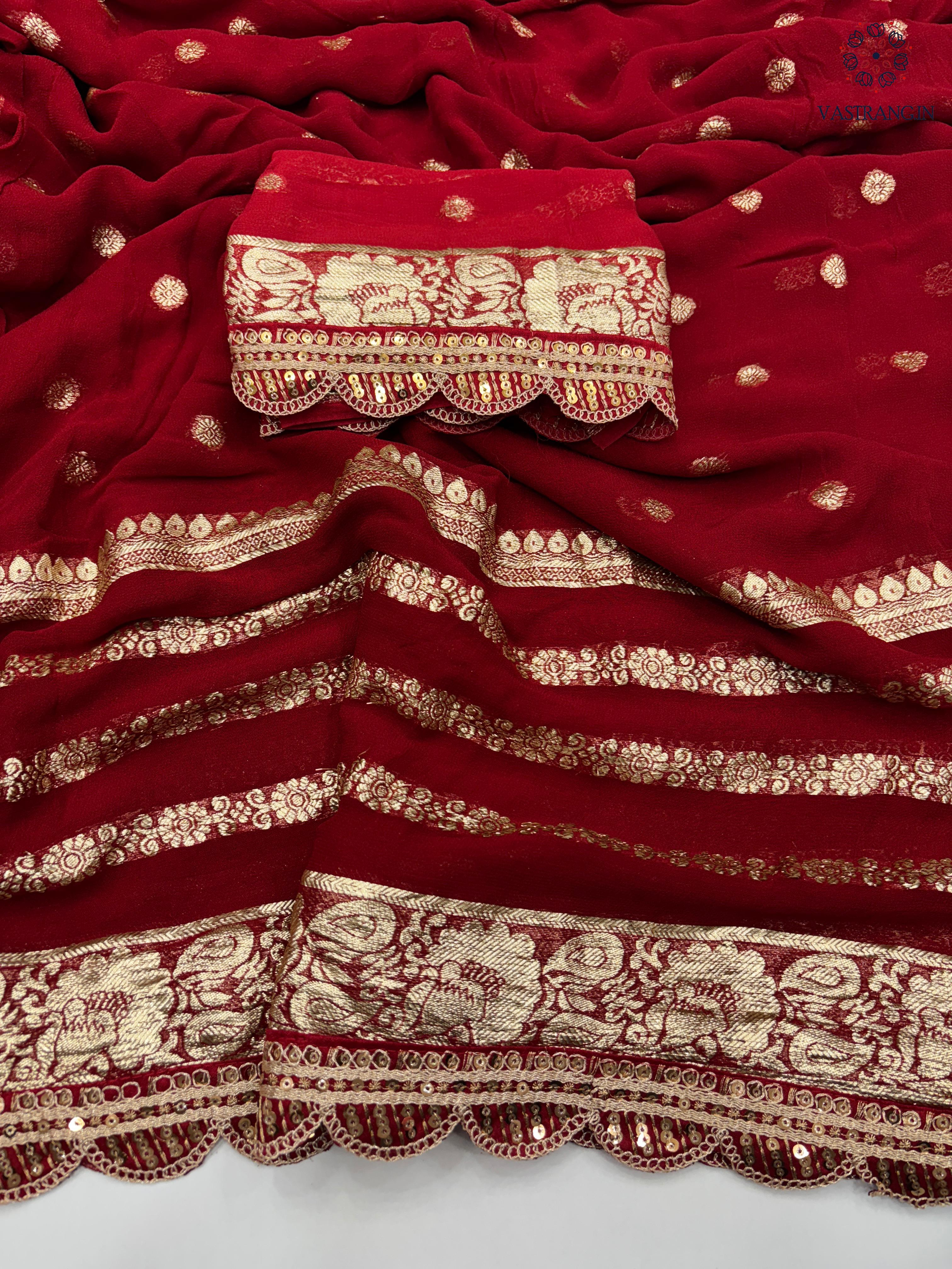 Latest Wedding wear Viscose Georgette Jacquard Weaving n Sequence Border Work Designer Saree