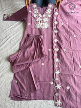 Load image into Gallery viewer, New Function Wear Light Wine Color Roman Silk Embroidery n Sequence Work Designer Straight Kurta With Trouser n Dupatta Set
