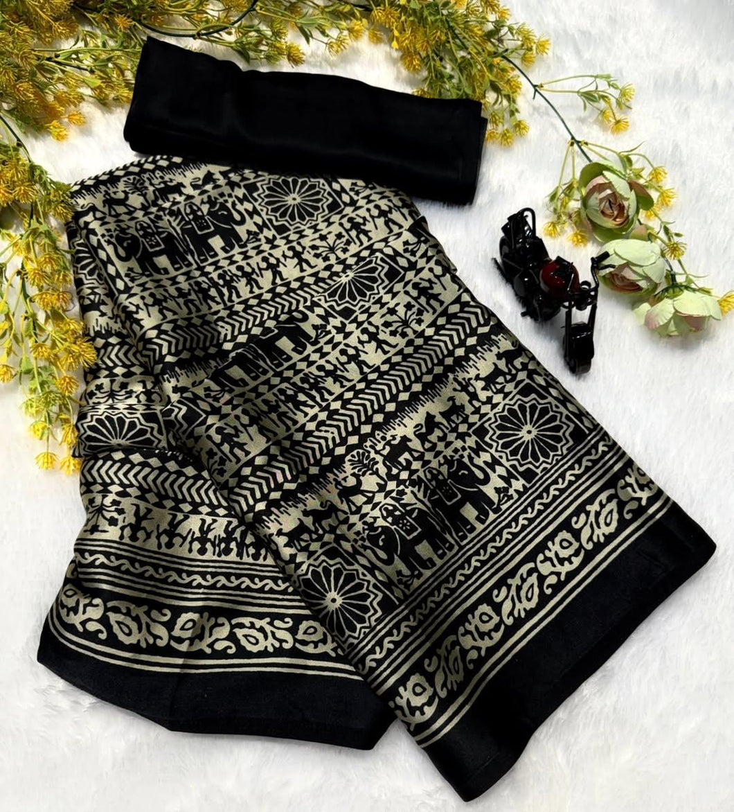 New Function Wear Black Color Pure Satin Silk Ajrak Printed Rich Pallu n Tussles Work Fancy Designer Saree