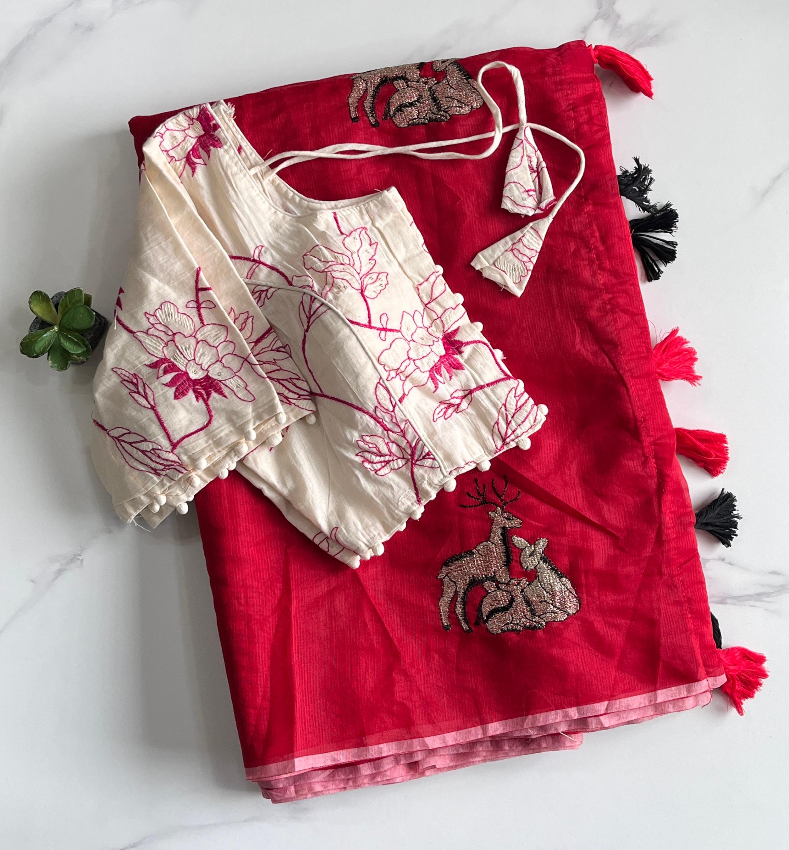 New Chanderi Cotton Embroidery n Tussels Work Fancy Designer Festive Wear Saree With Stitched Blouse